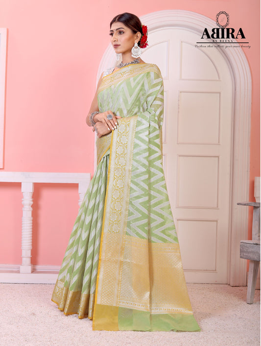 Light Olive Green Kora Organza soft silk - AbirabyBeena