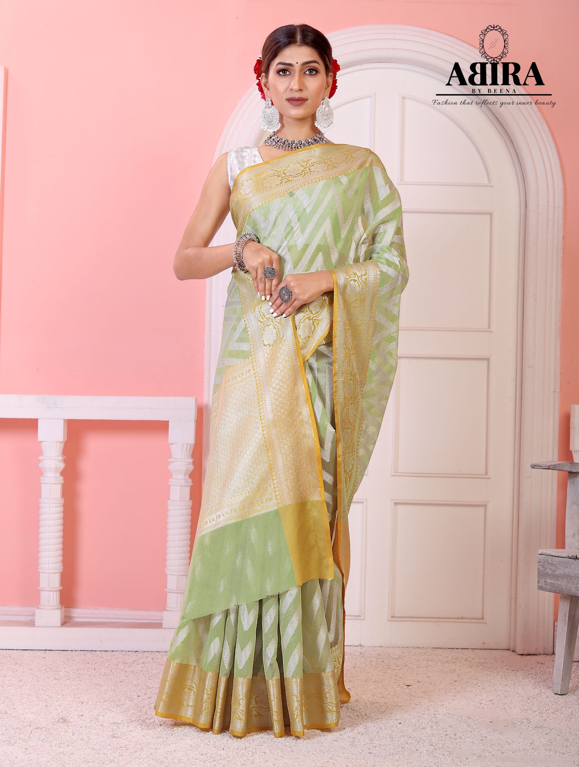 Light Olive Green Kora Organza soft silk - AbirabyBeena