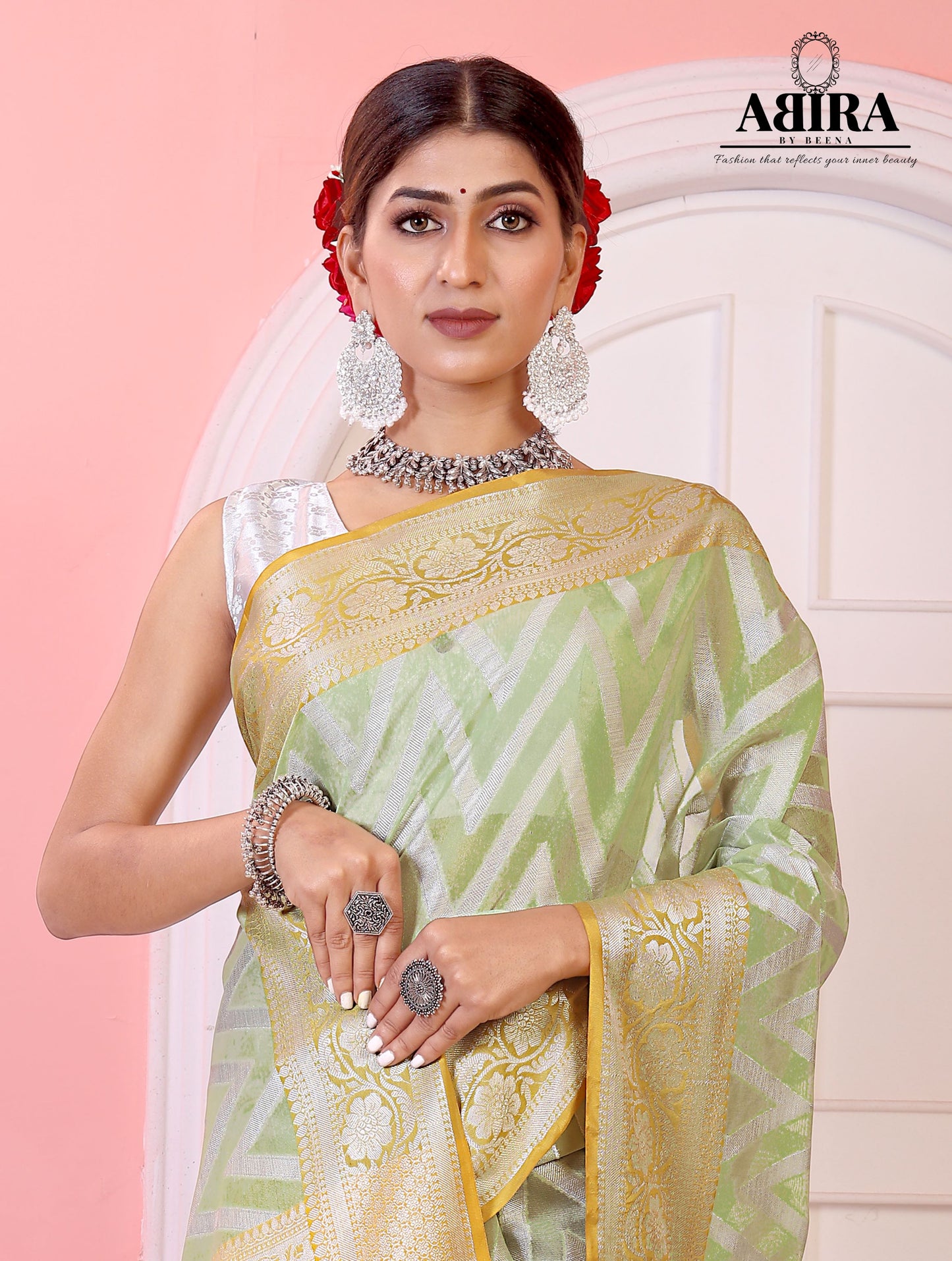 Light Olive Green Kora Organza soft silk - AbirabyBeena
