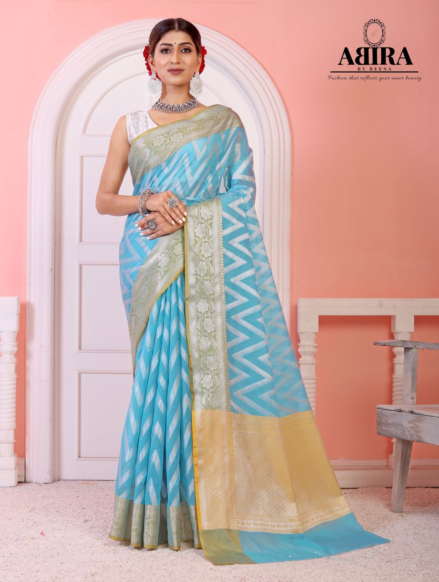 Sky Blue Kora Organza soft silk - AbirabyBeena