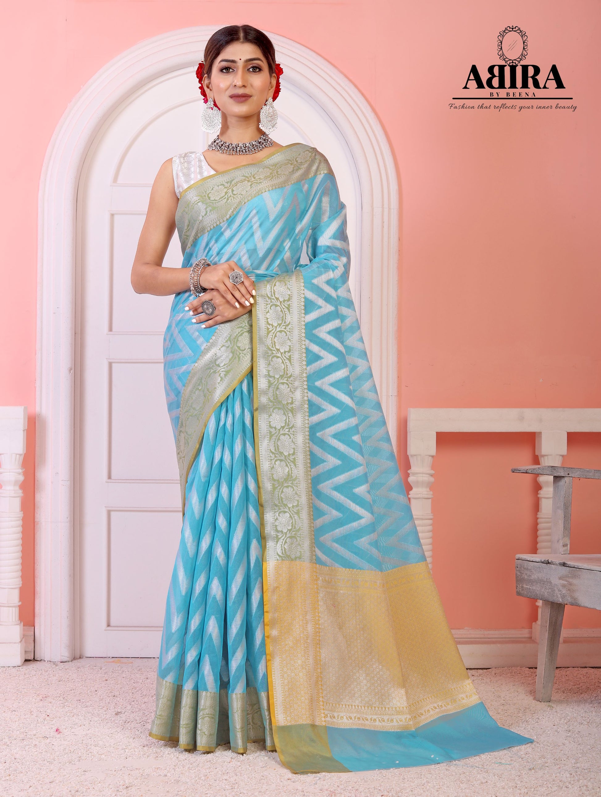 Sky Blue Kora Organza soft silk - AbirabyBeena