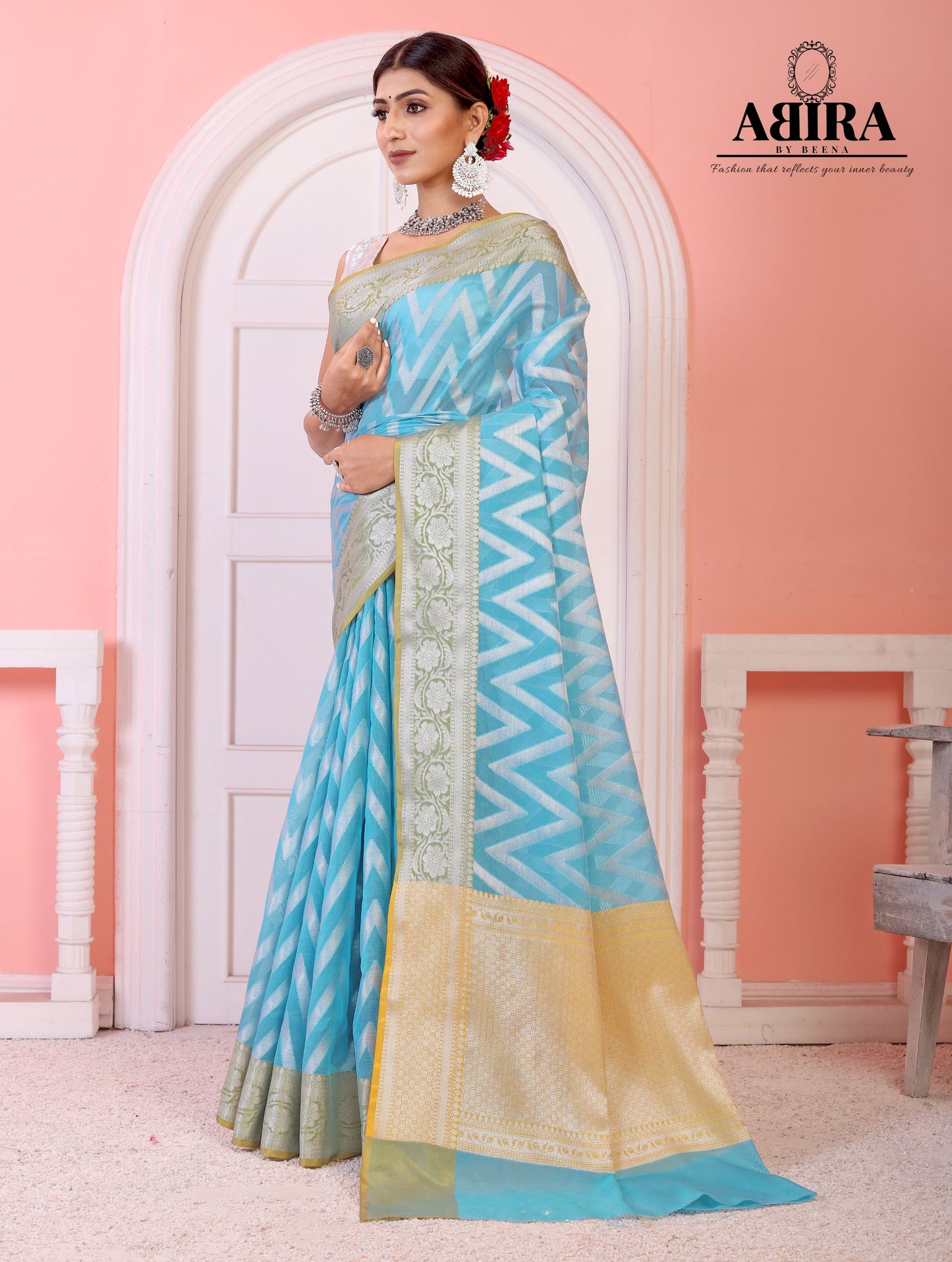 Sky Blue Kora Organza soft silk - AbirabyBeena