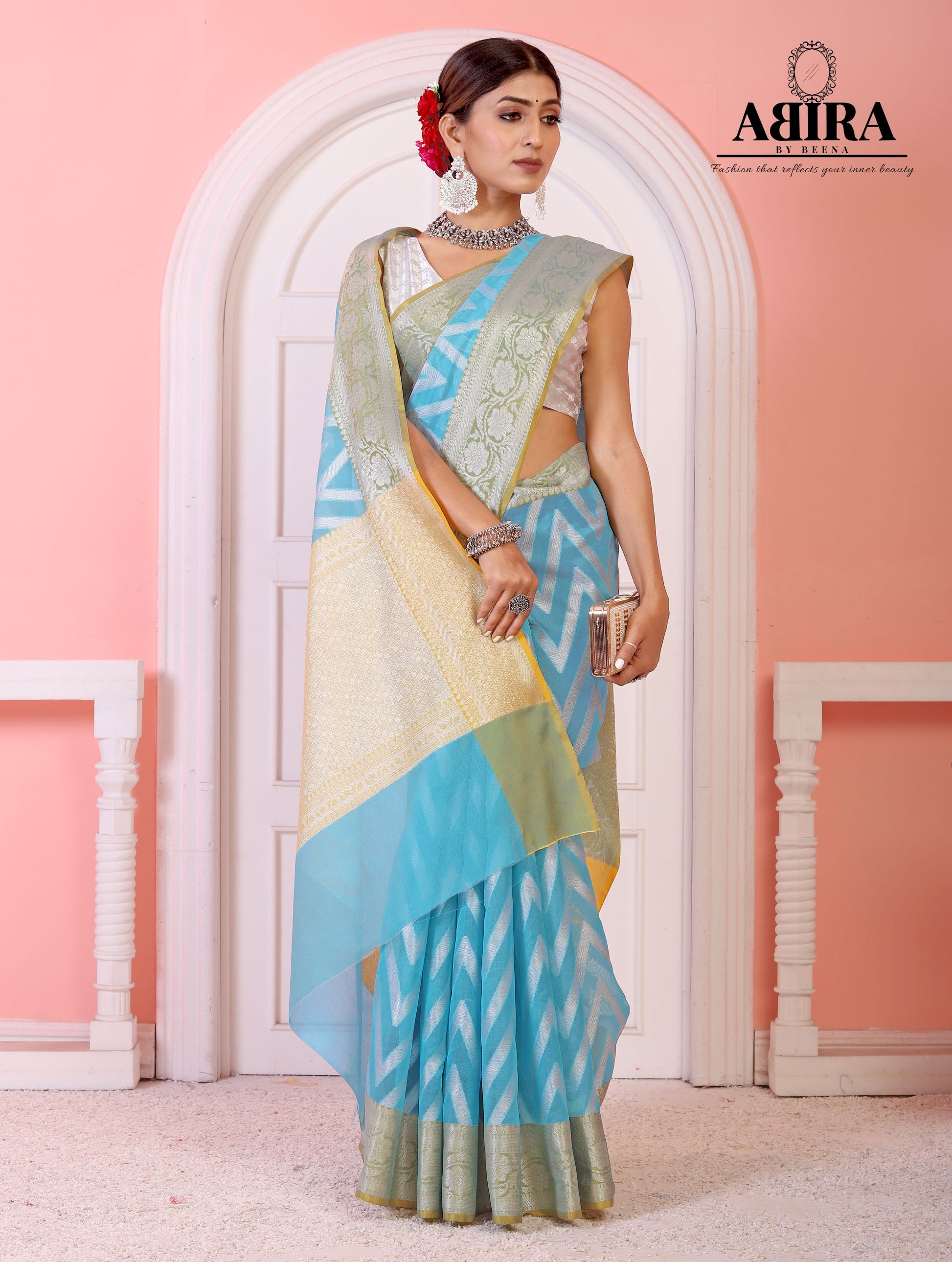 Sky Blue Kora Organza soft silk - AbirabyBeena