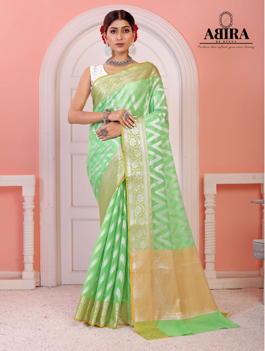 Parrot Green Kora Organza soft silk - AbirabyBeena