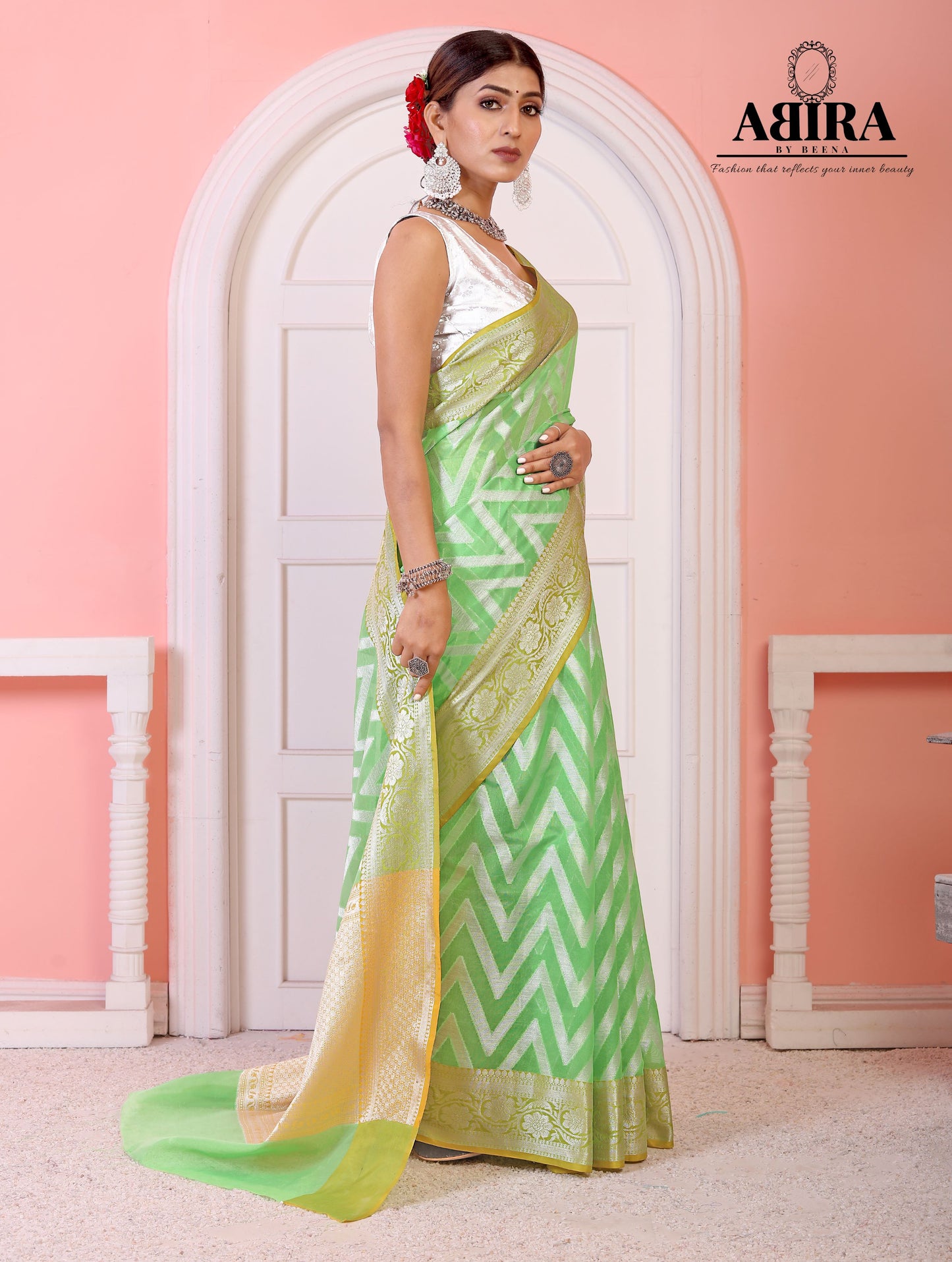 Parrot Green Kora Organza soft silk - AbirabyBeena