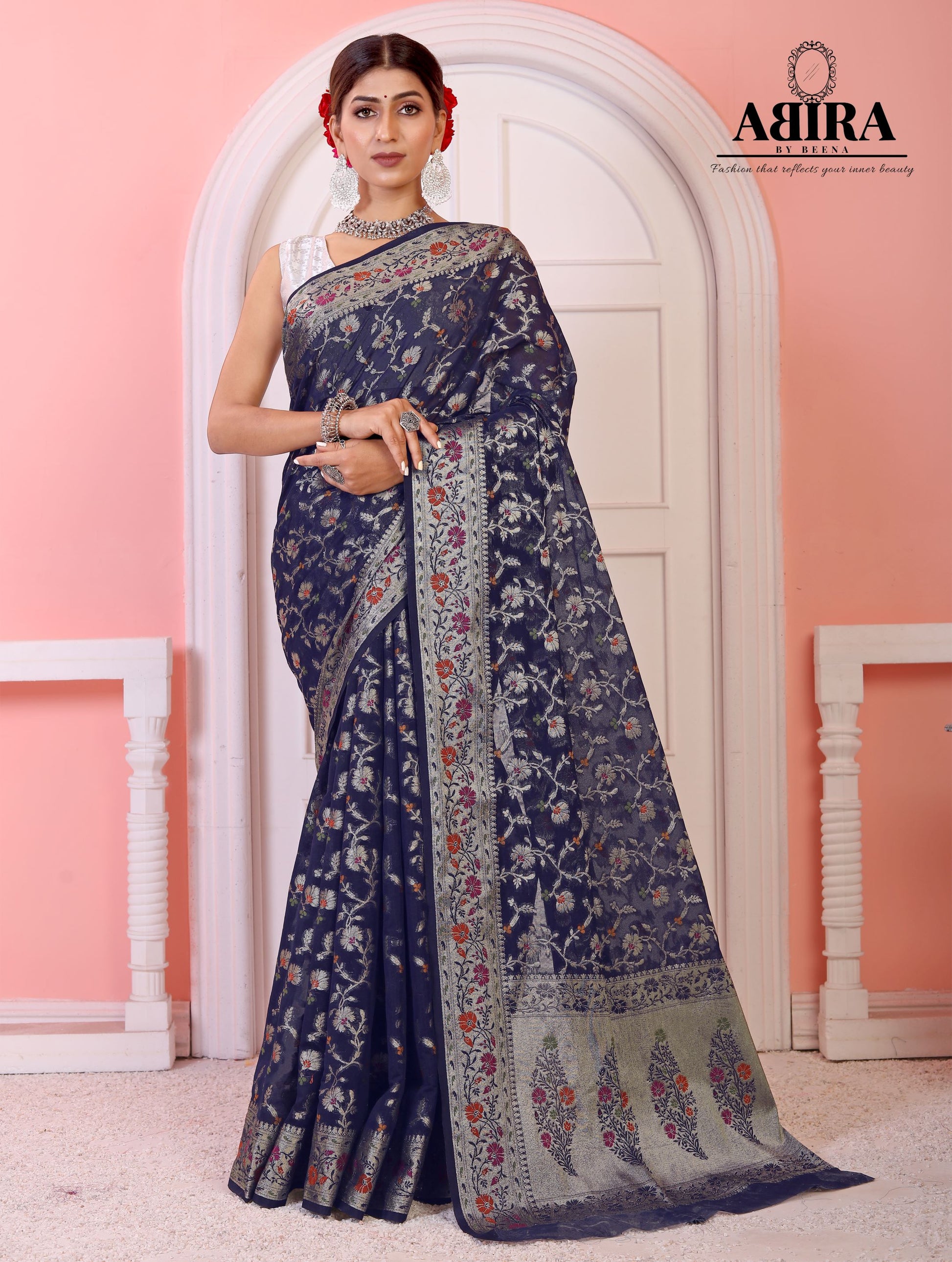 Navy Blue Banaras Soft Georgette Jaal silk - AbirabyBeena