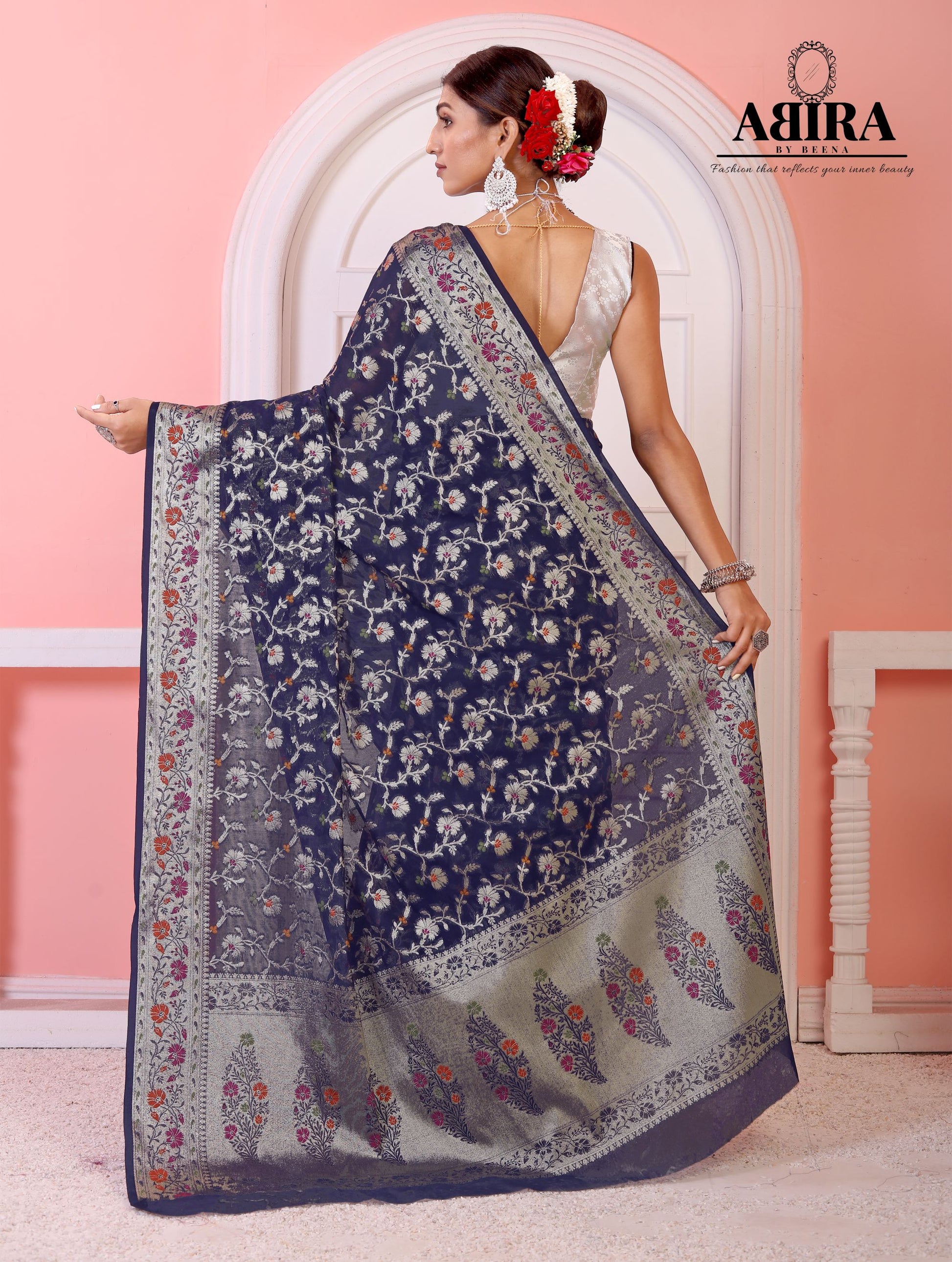 Navy Blue Banaras Soft Georgette Jaal silk - AbirabyBeena