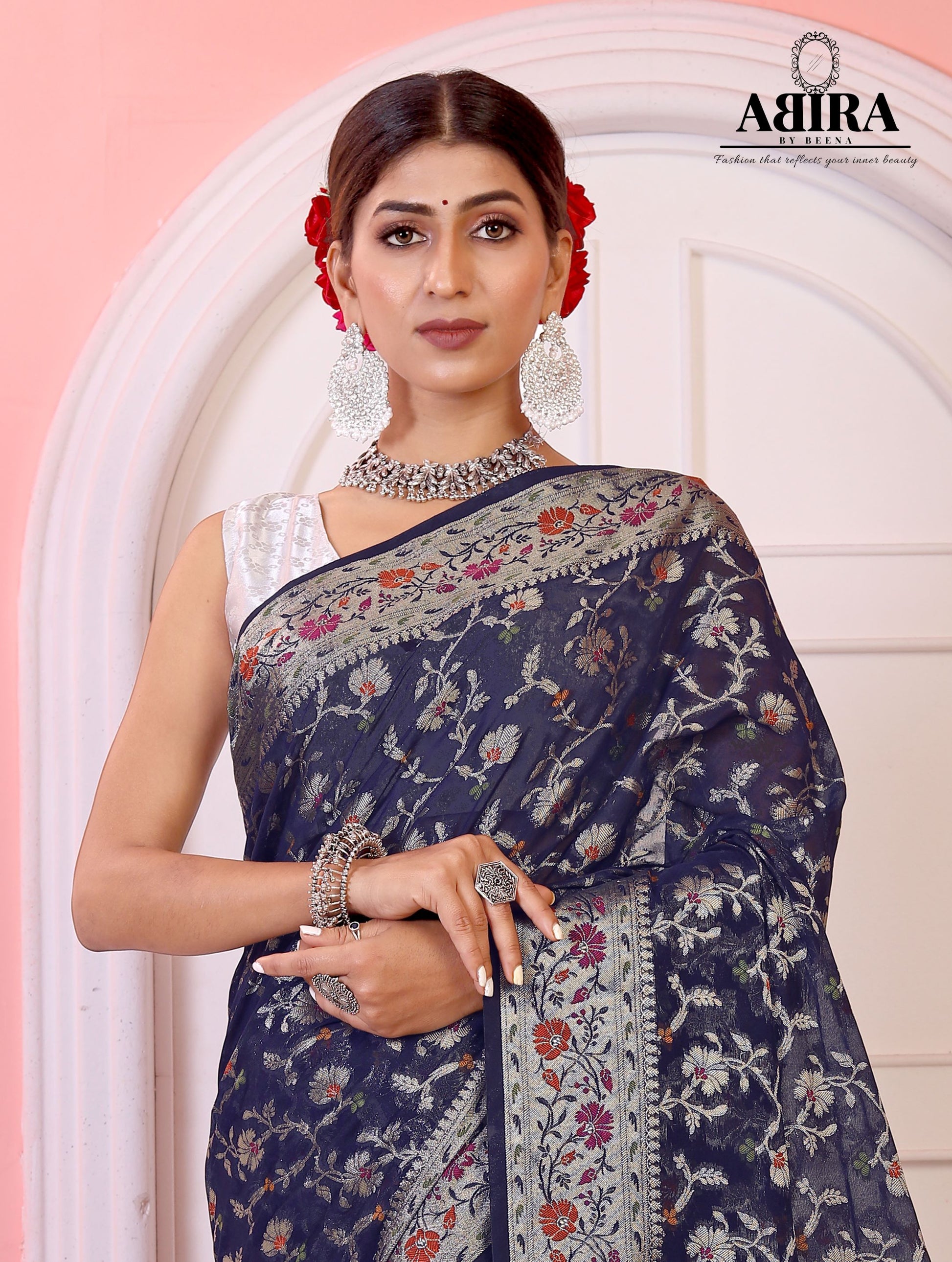 Navy Blue Banaras Soft Georgette Jaal silk - AbirabyBeena