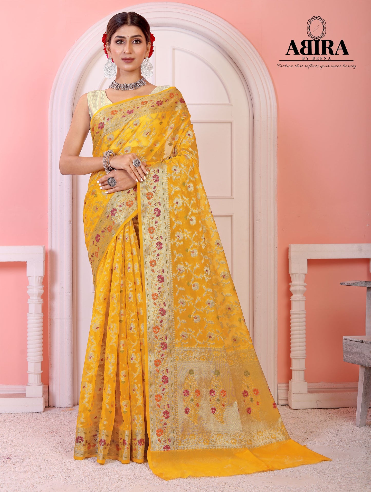 Yellow Banaras Soft Georgette Jaal silk - AbirabyBeena