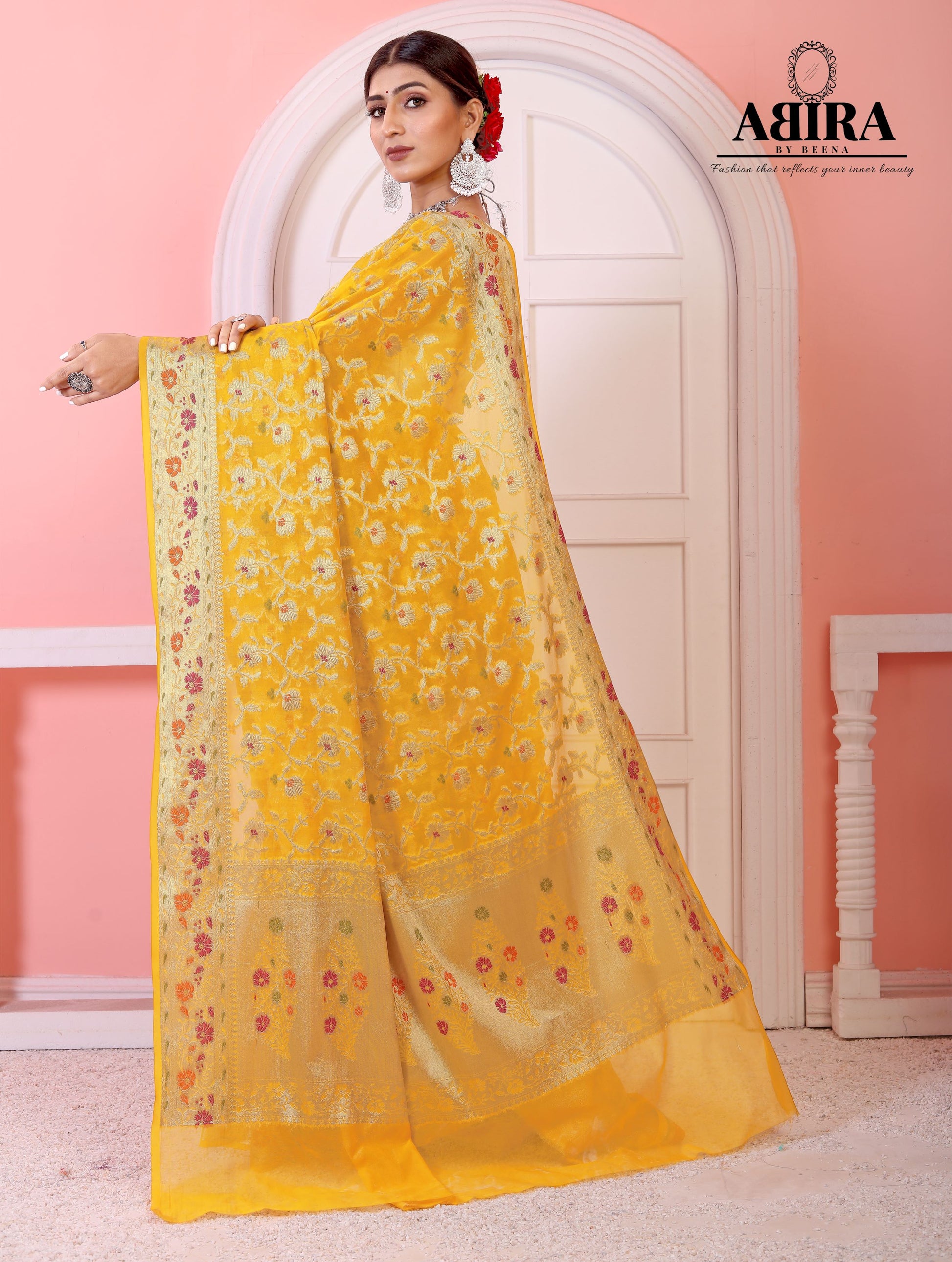 Yellow Banaras Soft Georgette Jaal silk - AbirabyBeena