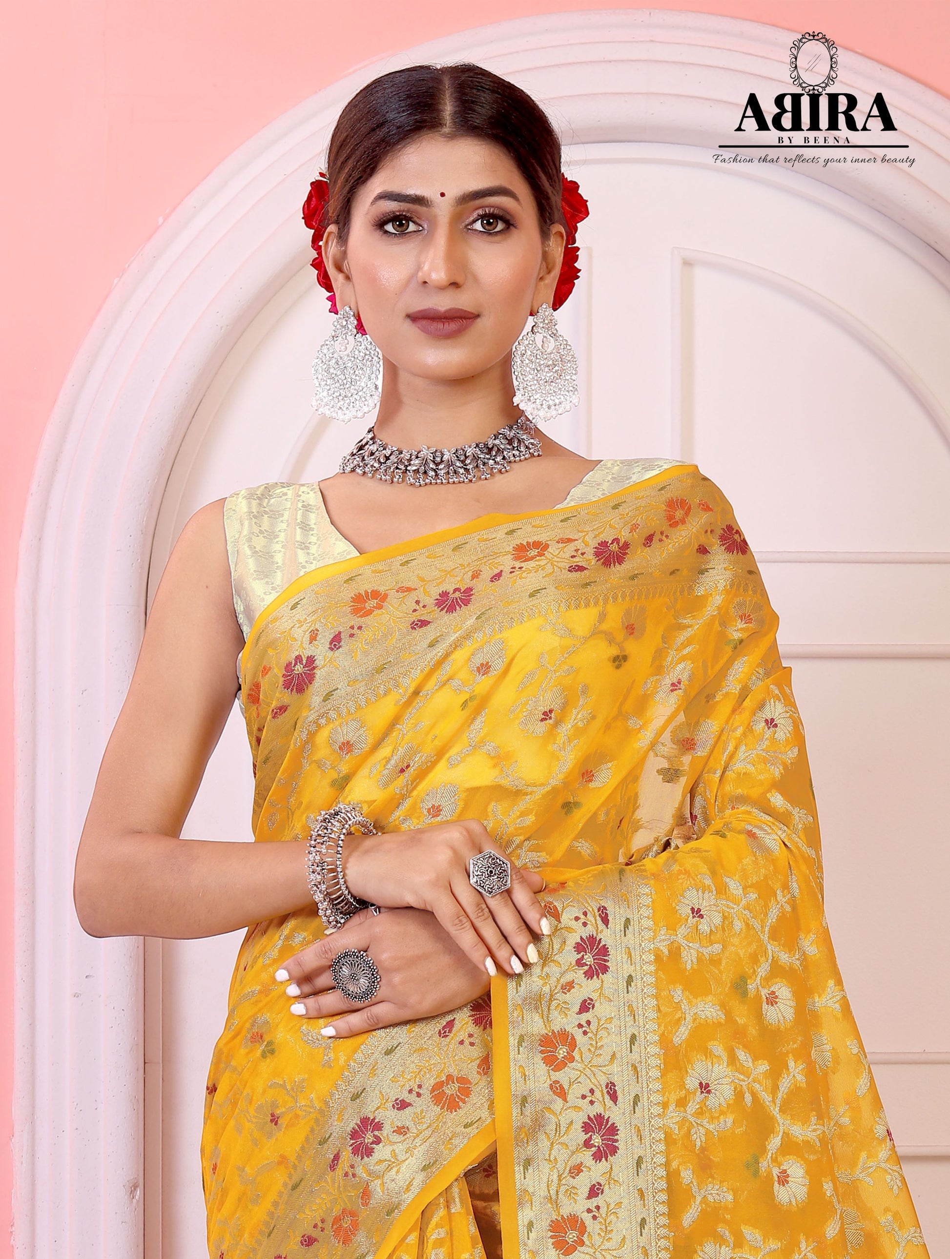 Yellow Banaras Soft Georgette Jaal silk - AbirabyBeena
