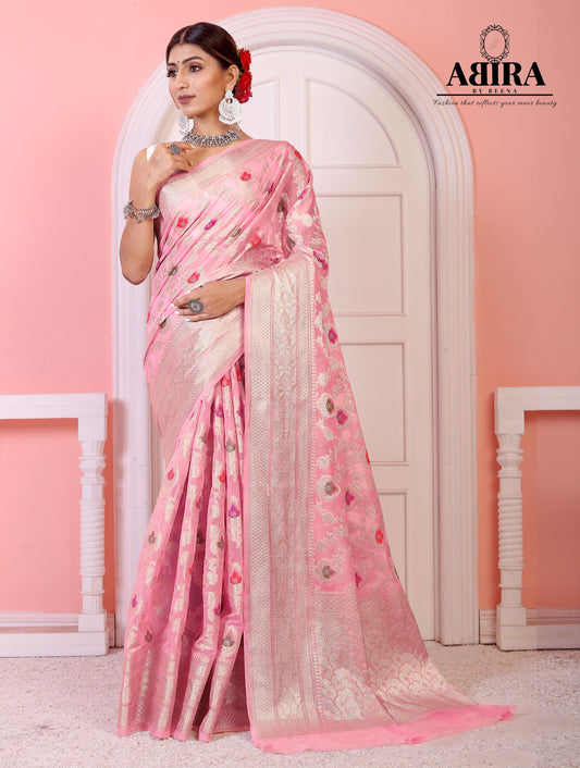 Light Pink Banaras Soft Georgette Jaal silk - AbirabyBeena
