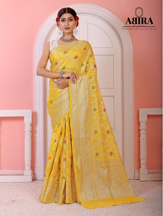Yellow Banaras Soft Georgette Jaal silk