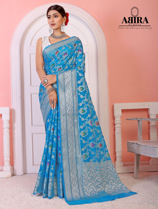 Sky Blue Banaras Soft Georgette Jaal silk