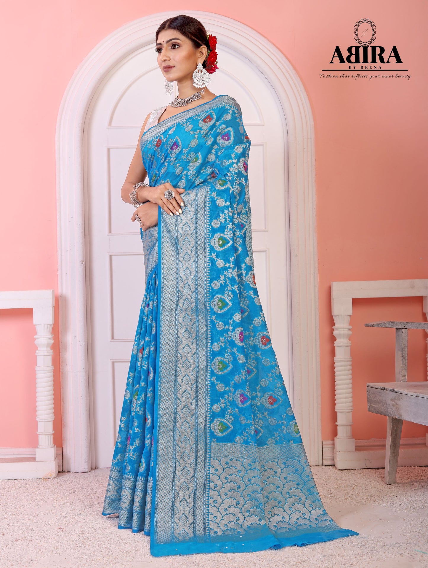 Sky Blue Banaras Soft Georgette Jaal silk - AbirabyBeena