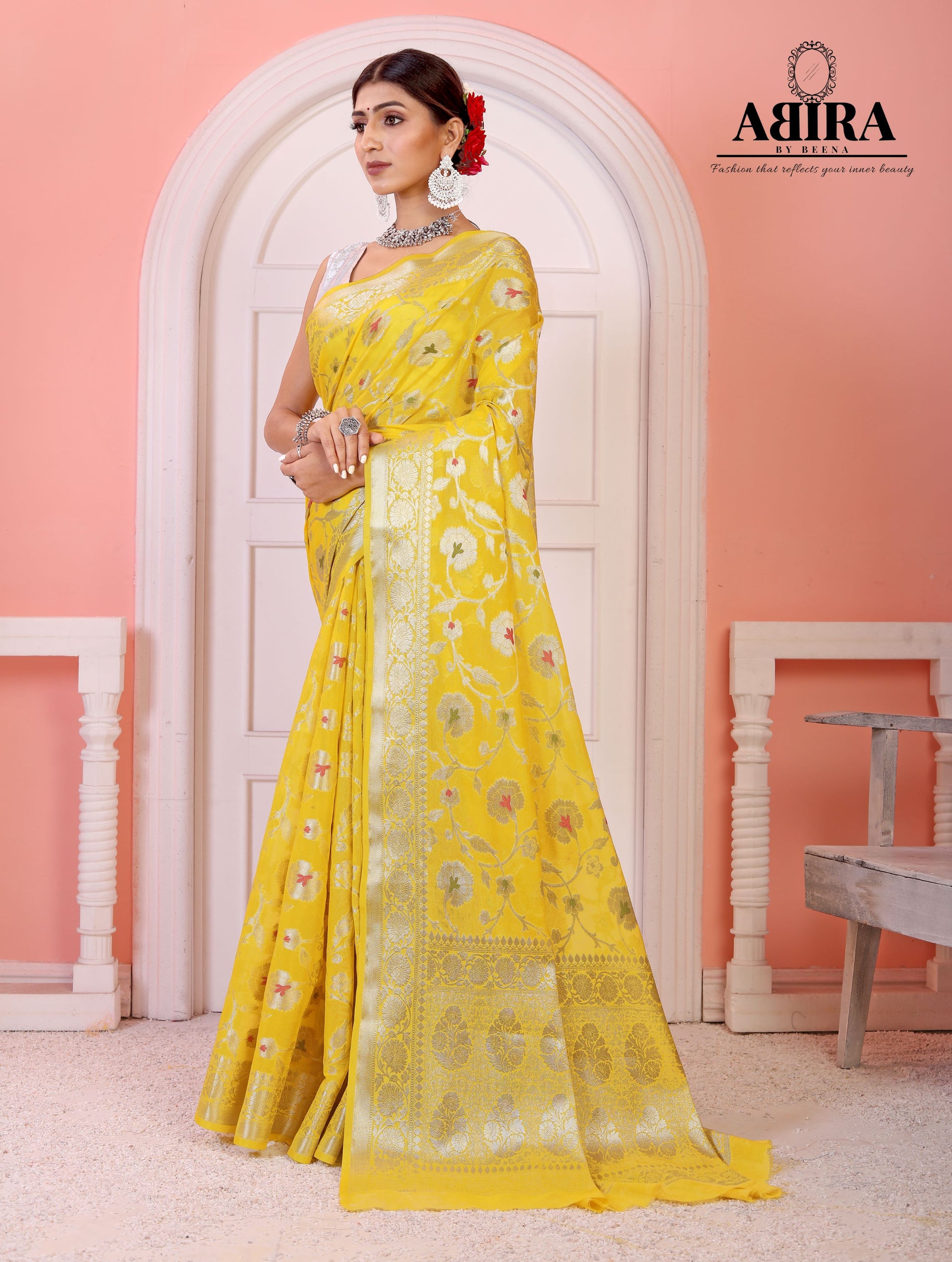 Yellow Banaras Soft Georgette Jaal silk - AbirabyBeena
