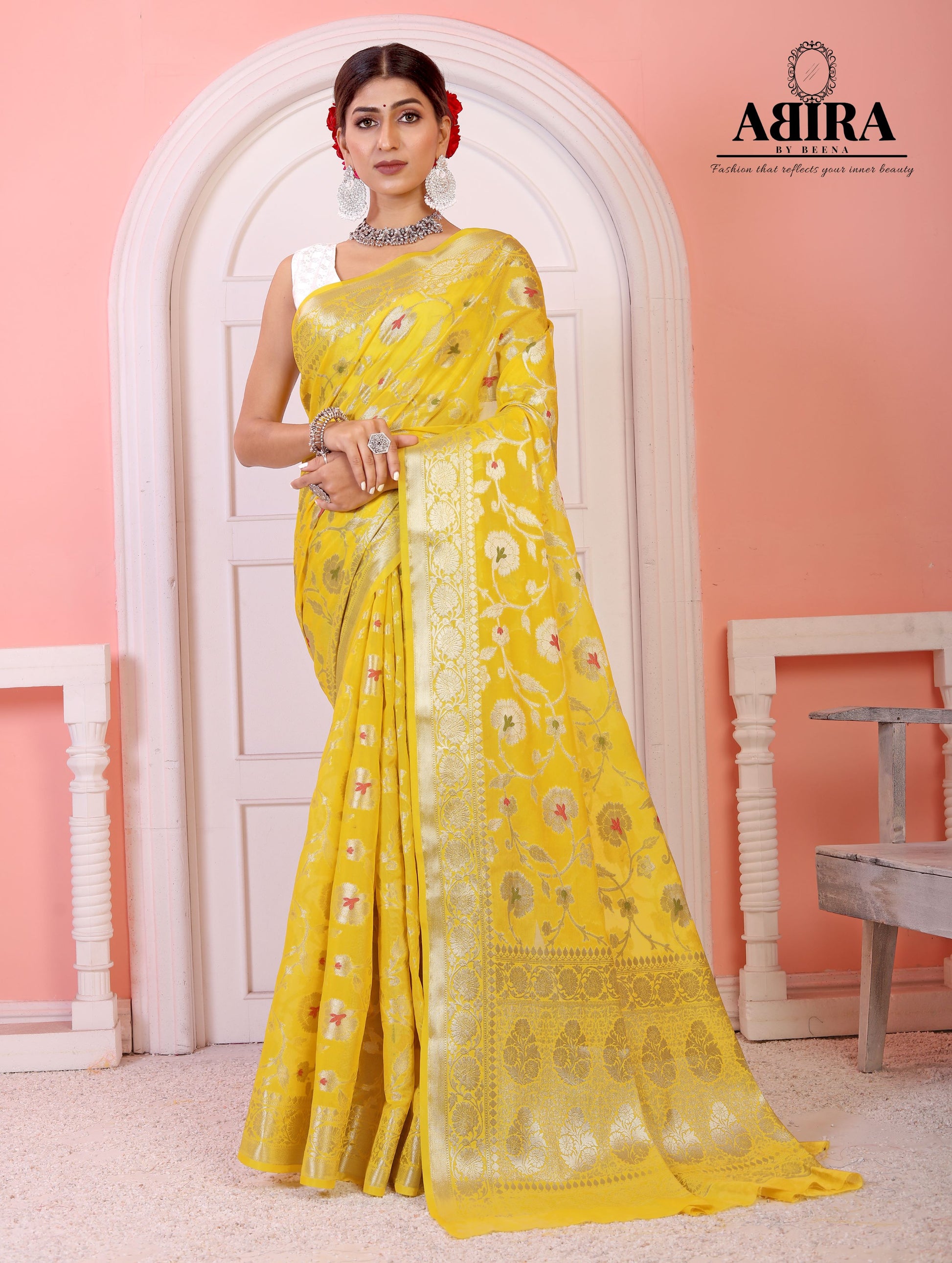 Yellow Banaras Soft Georgette Jaal silk - AbirabyBeena