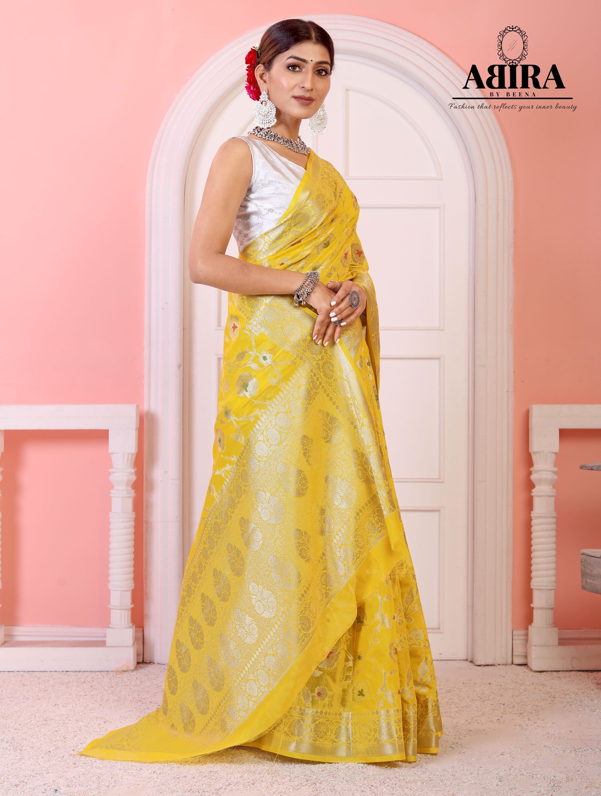 Yellow Banaras Soft Georgette Jaal silk - AbirabyBeena