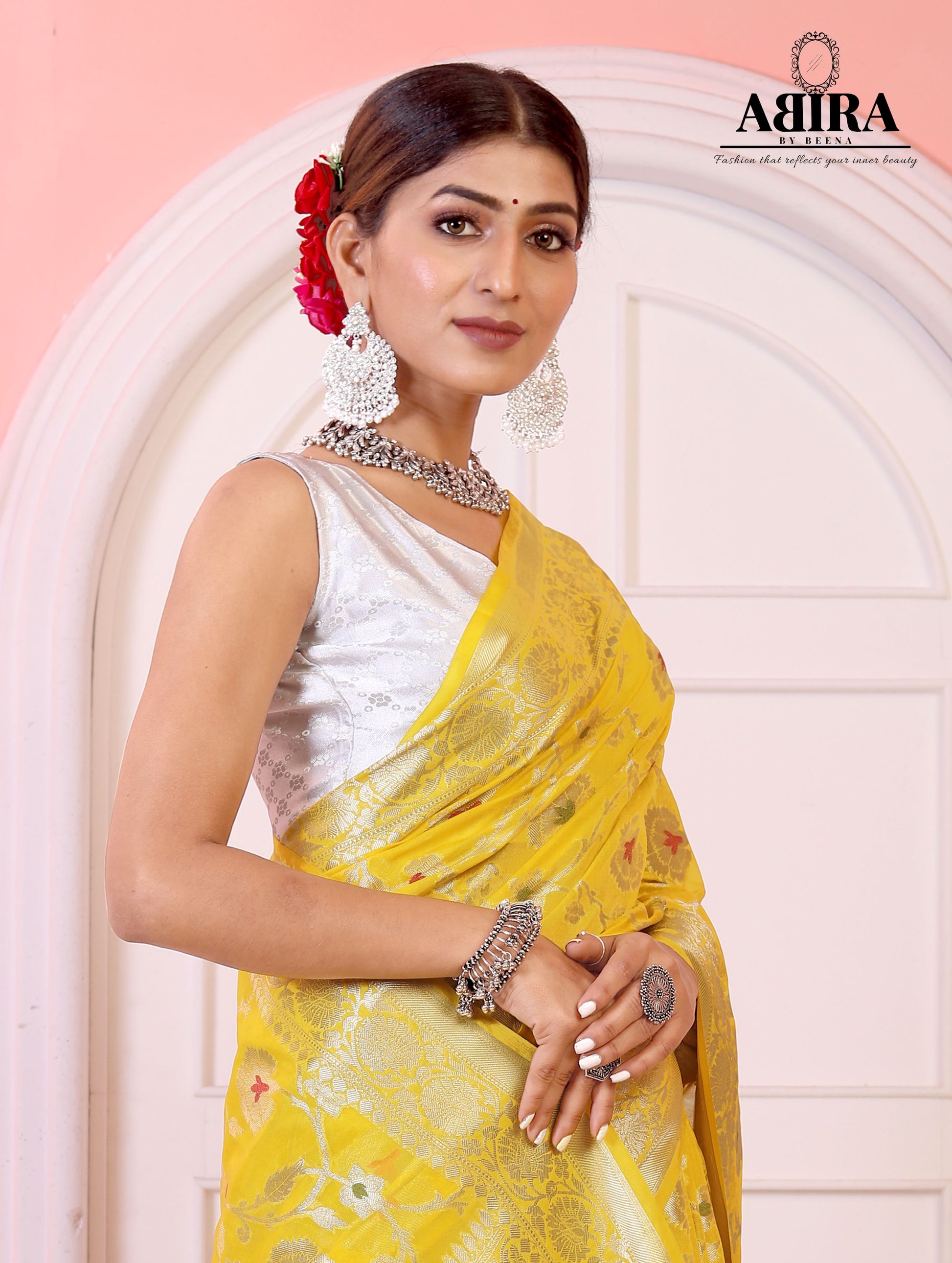 Yellow Banaras Soft Georgette Jaal silk - AbirabyBeena