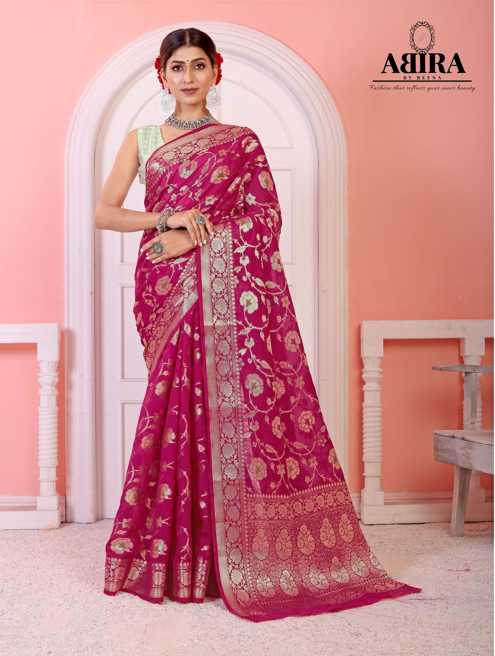 Pink Banaras Soft Georgette Jaal silk - AbirabyBeena