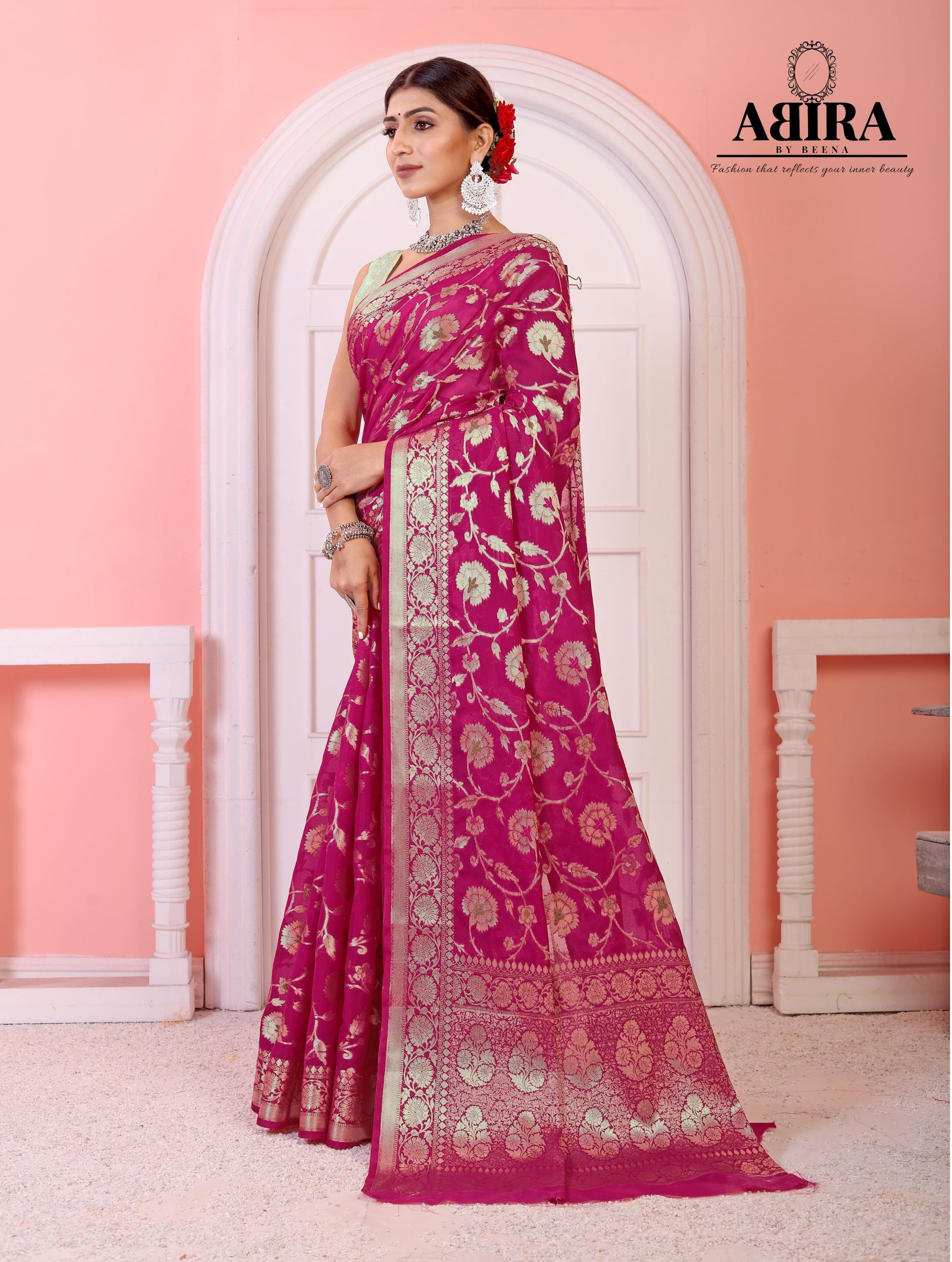 Pink Banaras Soft Georgette Jaal silk - AbirabyBeena