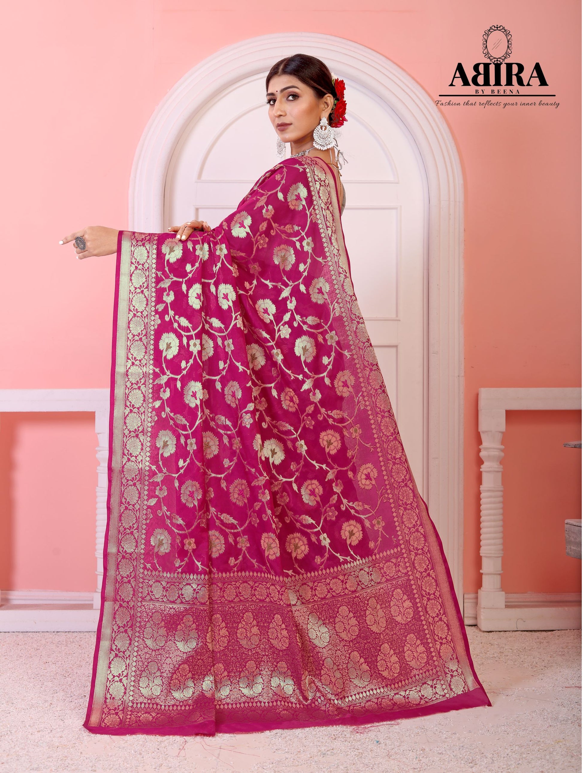 Pink Banaras Soft Georgette Jaal silk - AbirabyBeena