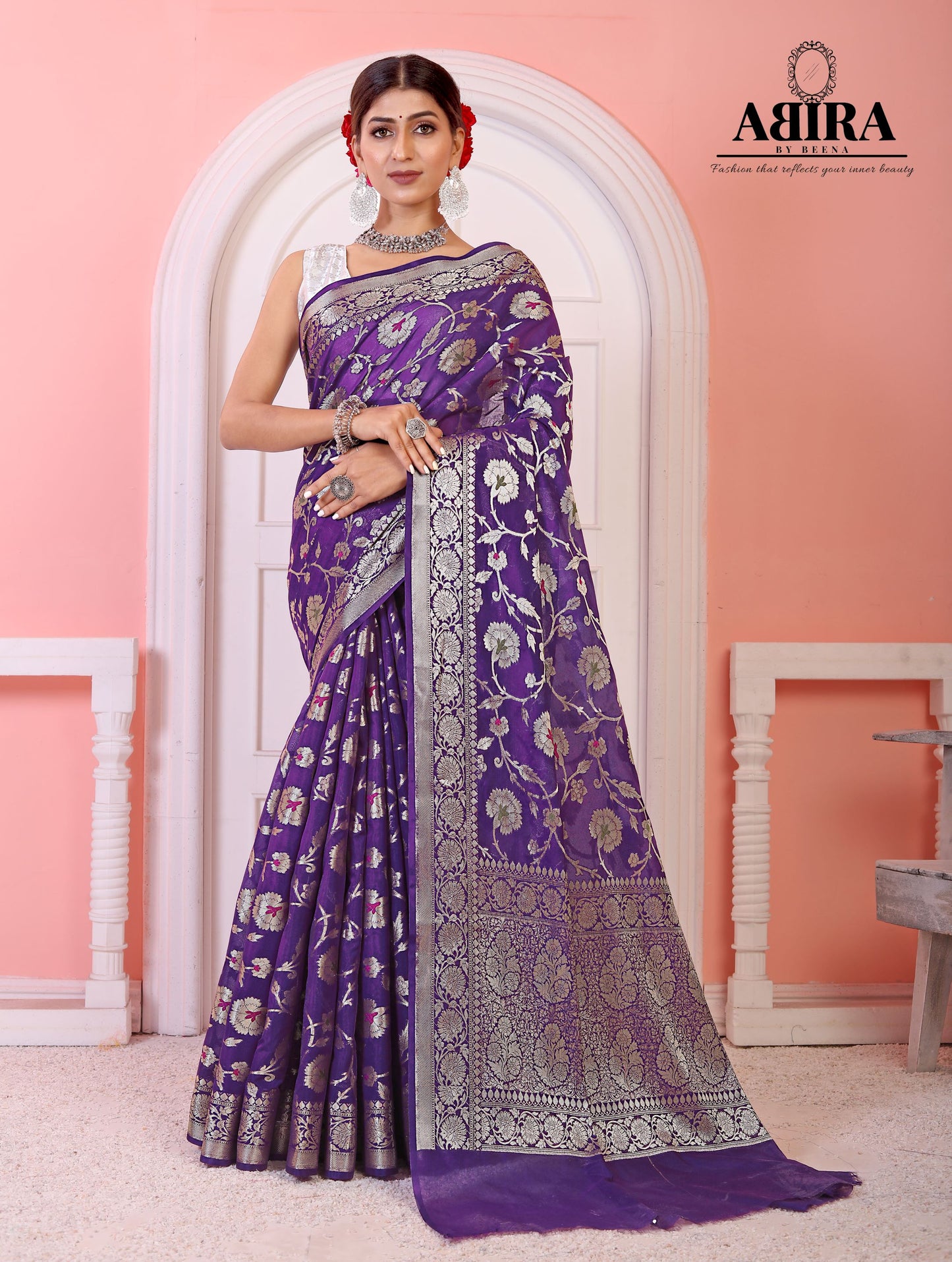 Purple  Banaras Soft Georgette Jaal silk - AbirabyBeena