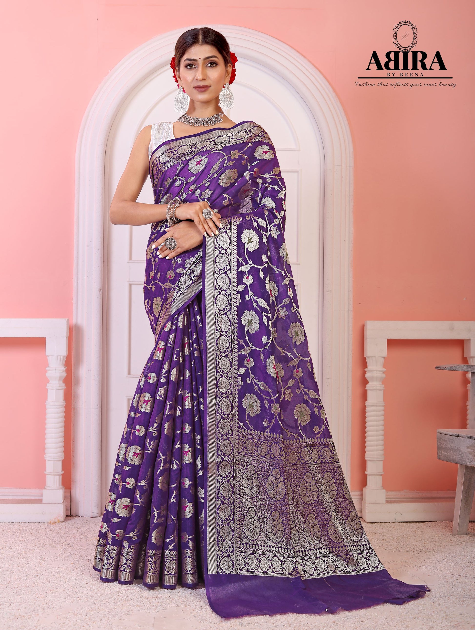 Purple  Banaras Soft Georgette Jaal silk - AbirabyBeena