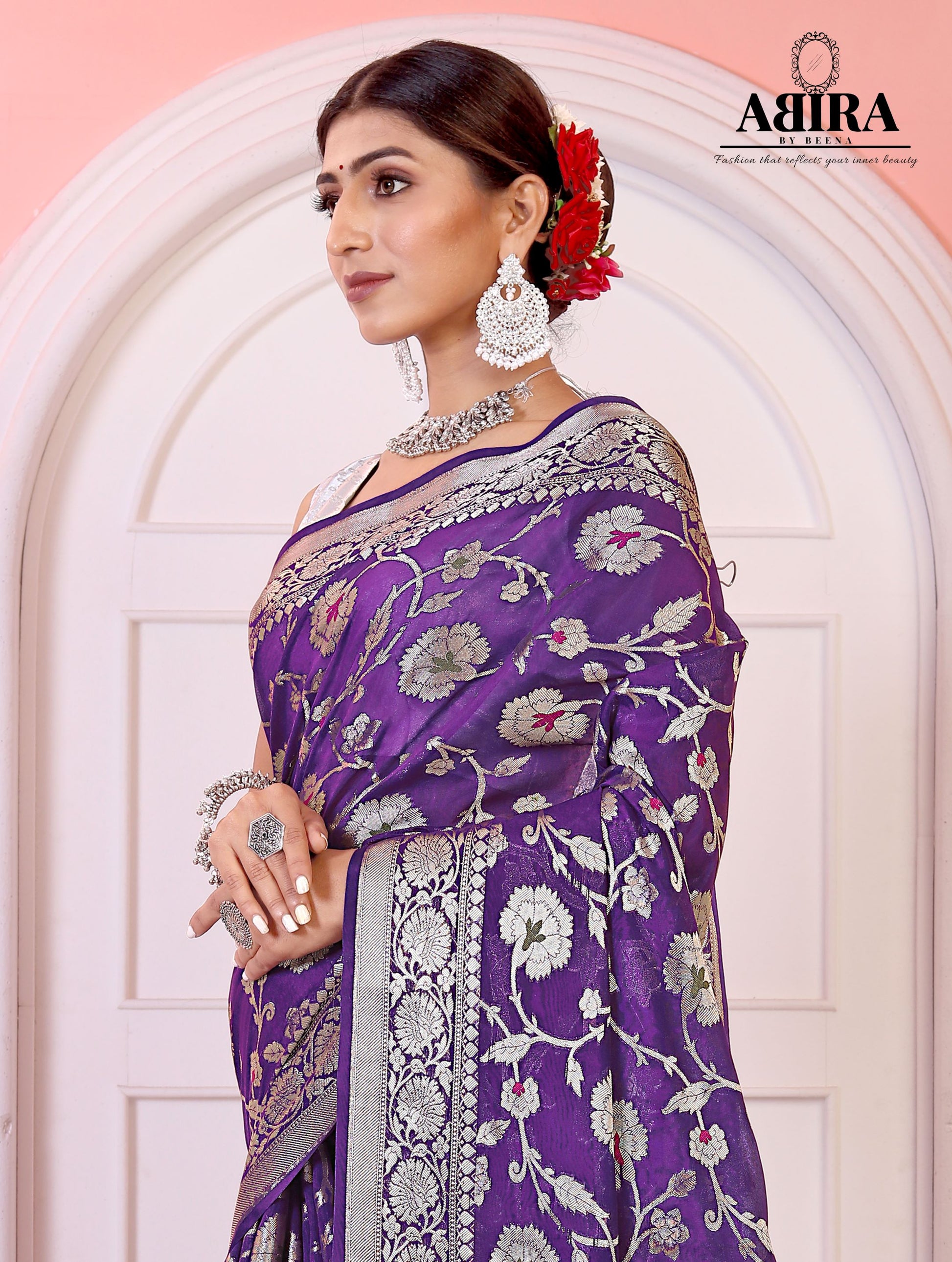 Purple  Banaras Soft Georgette Jaal silk - AbirabyBeena