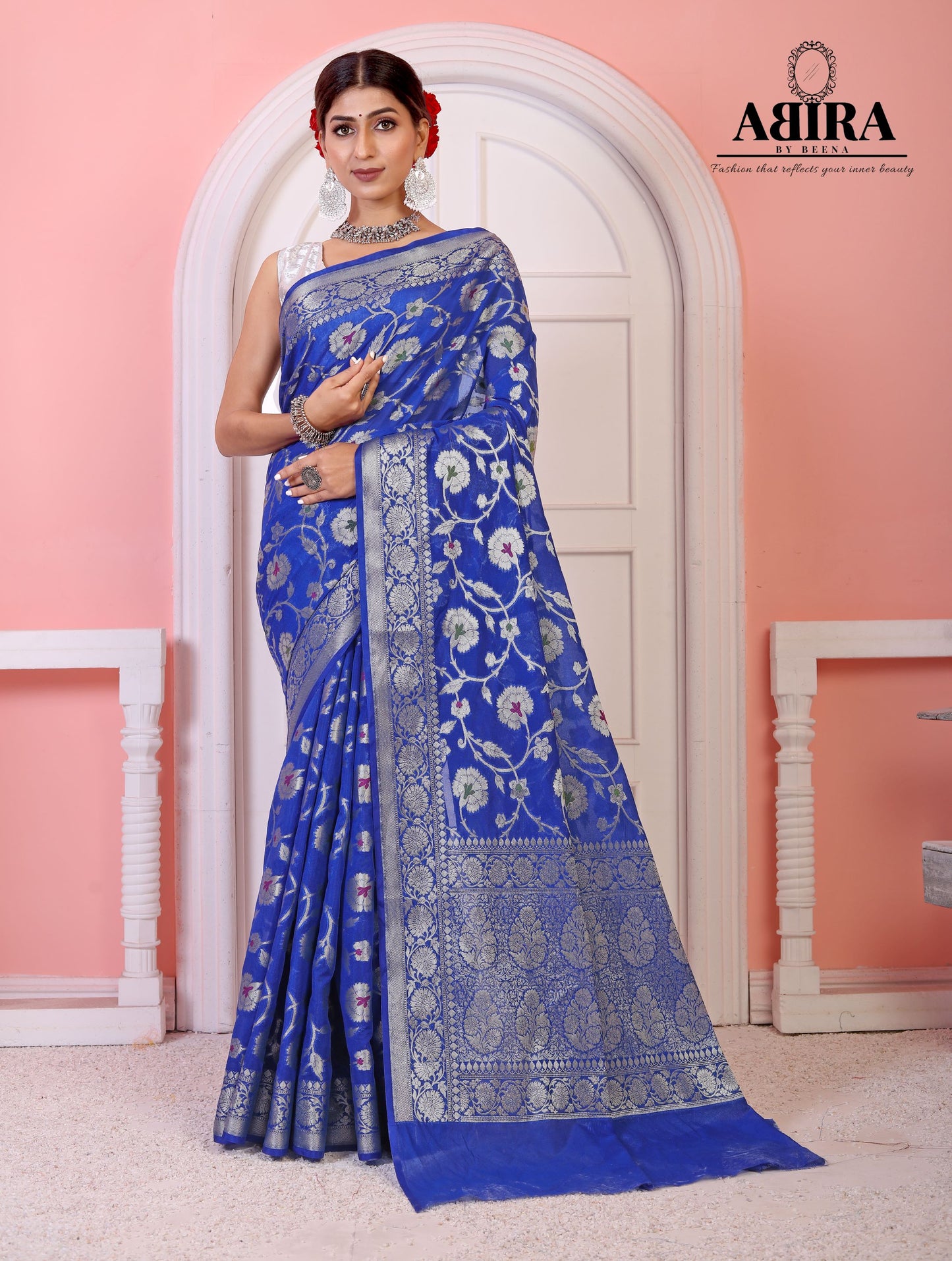 Blue Banaras Soft Georgette Jaal silk - AbirabyBeena