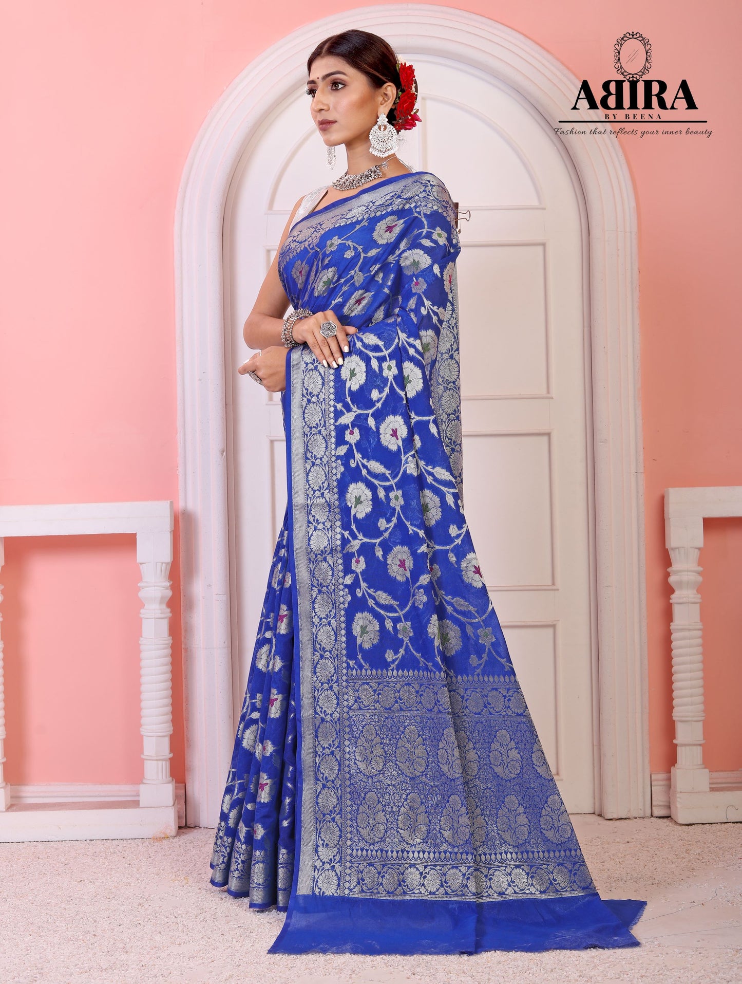 Blue Banaras Soft Georgette Jaal silk - AbirabyBeena