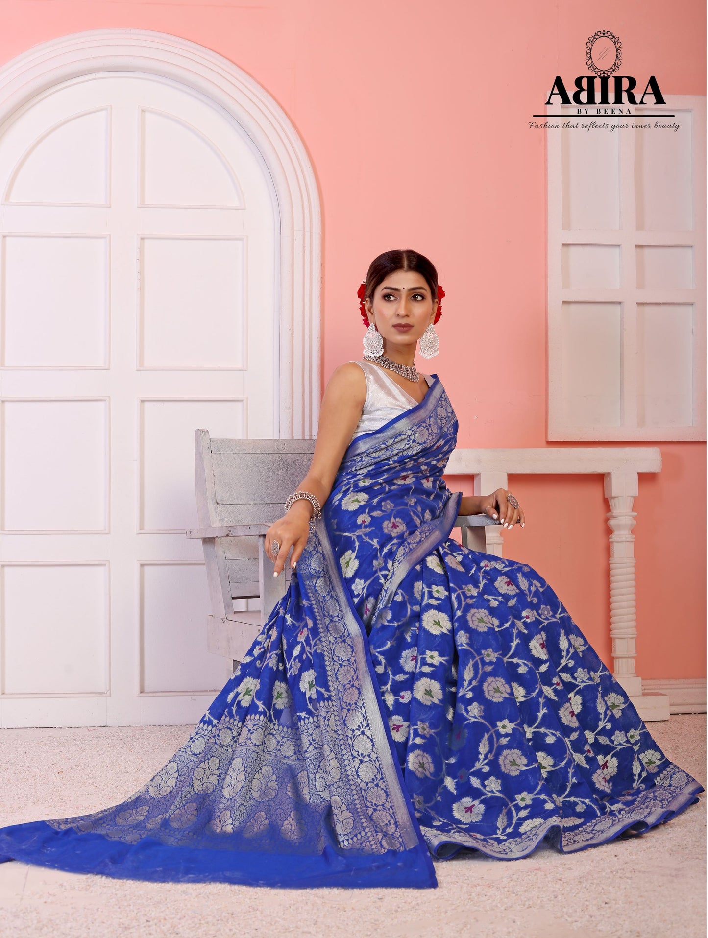 Blue Banaras Soft Georgette Jaal silk - AbirabyBeena
