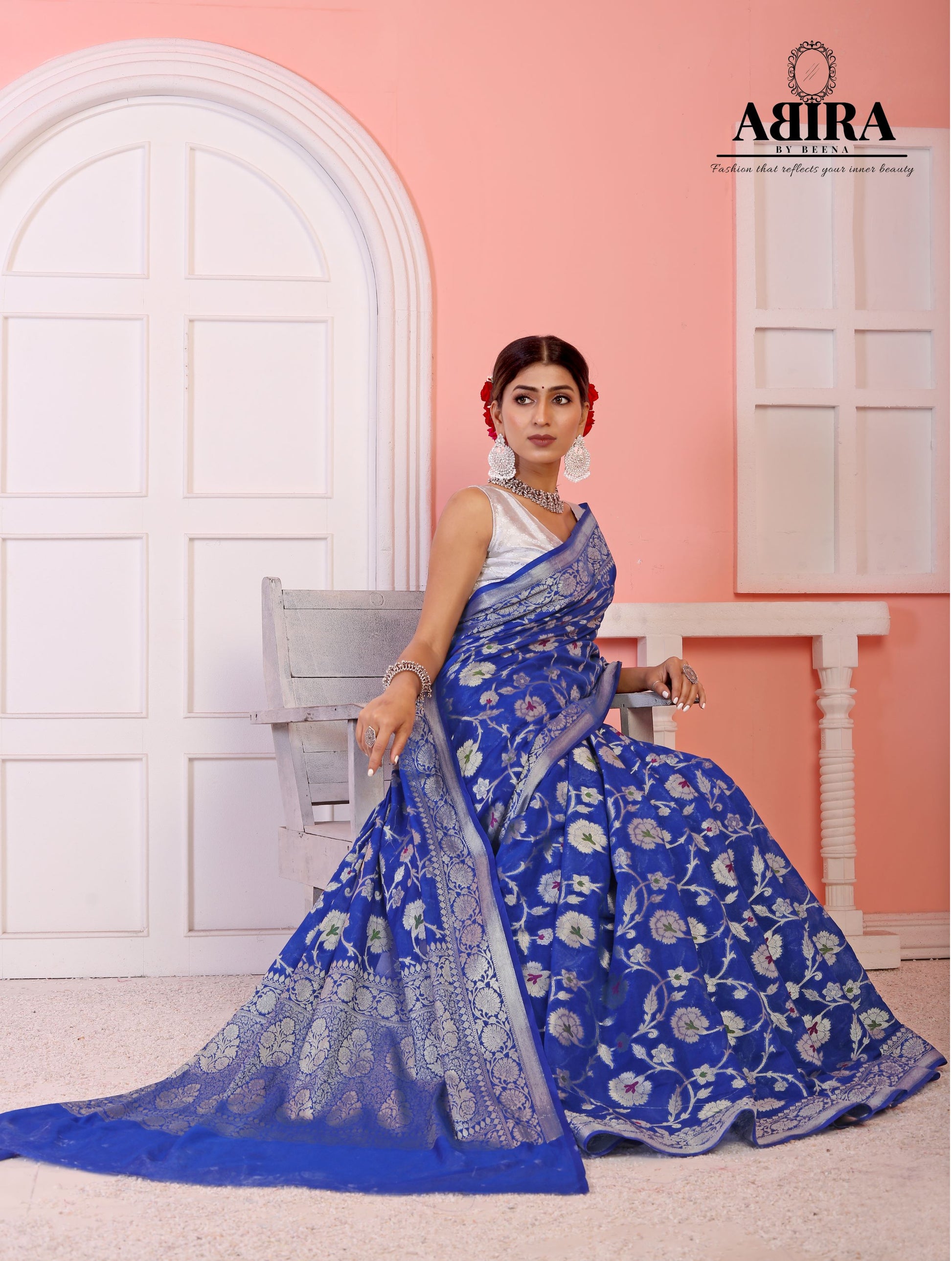 Blue Banaras Soft Georgette Jaal silk - AbirabyBeena