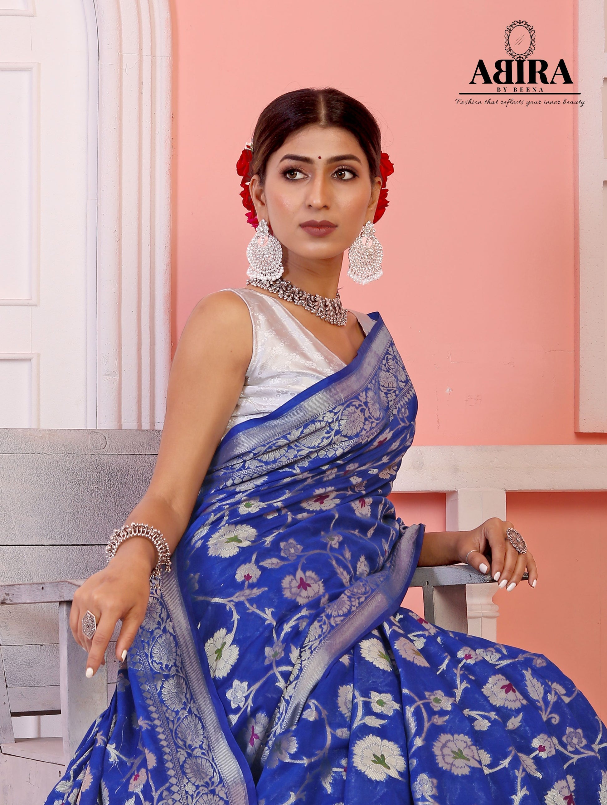 Blue Banaras Soft Georgette Jaal silk - AbirabyBeena