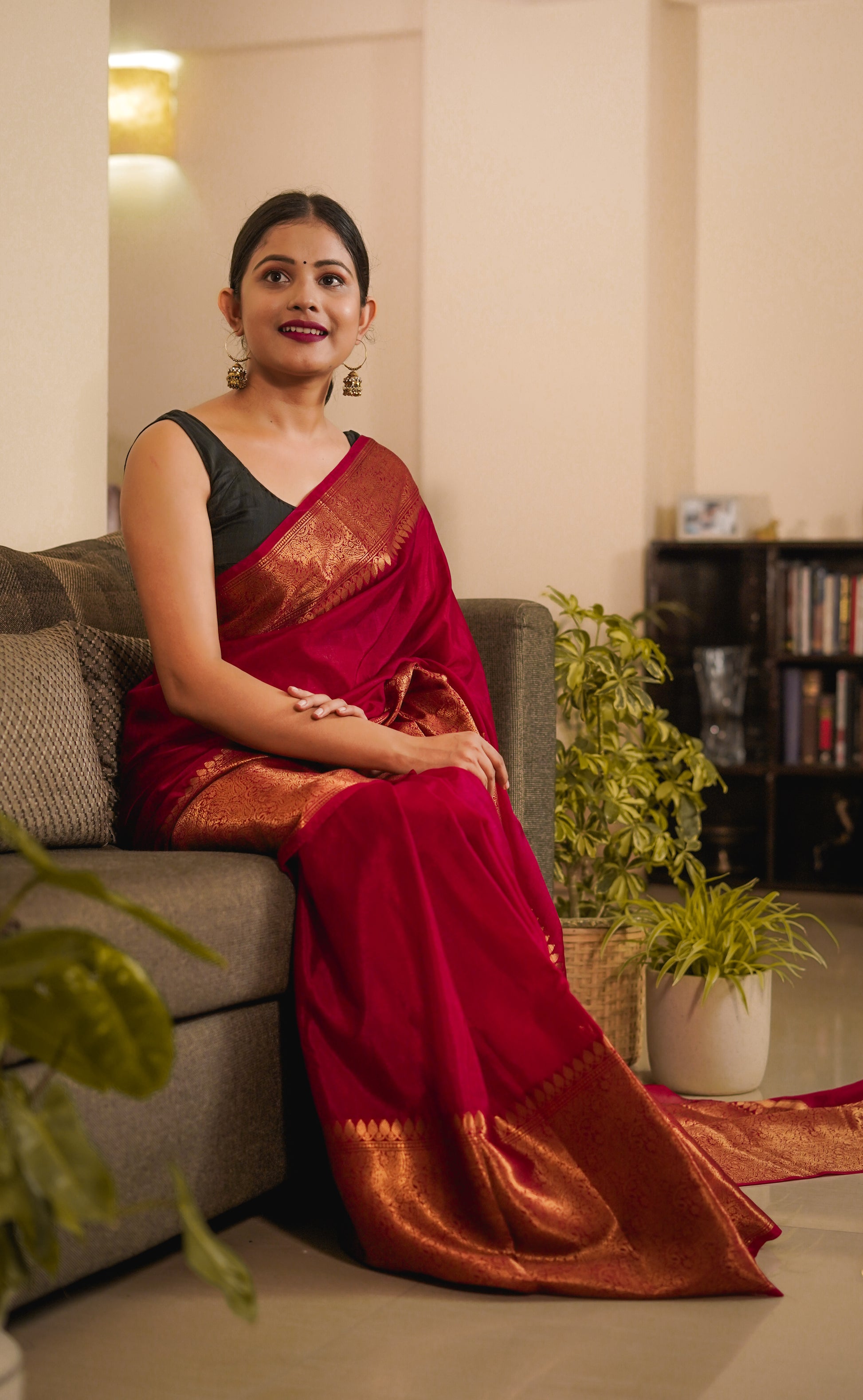 Red skirt border Banaras warm silk - AbirabyBeena