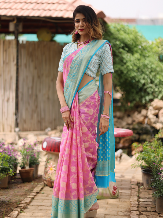 Pink Banaras Soft Georgette  Silk Jaal - AbirabyBeena