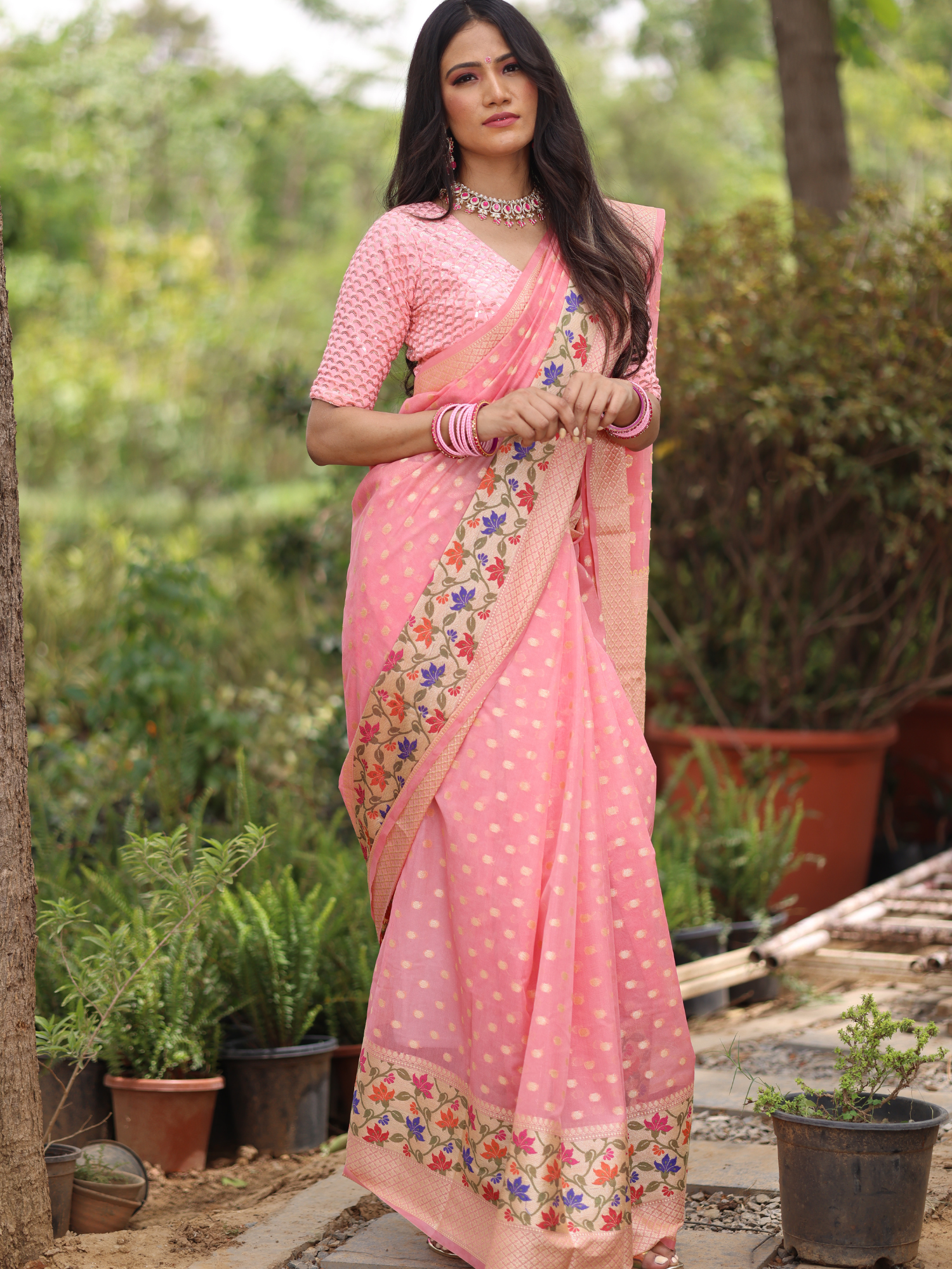 Light Pink Banaras Soft Georgette Silk - AbirabyBeena