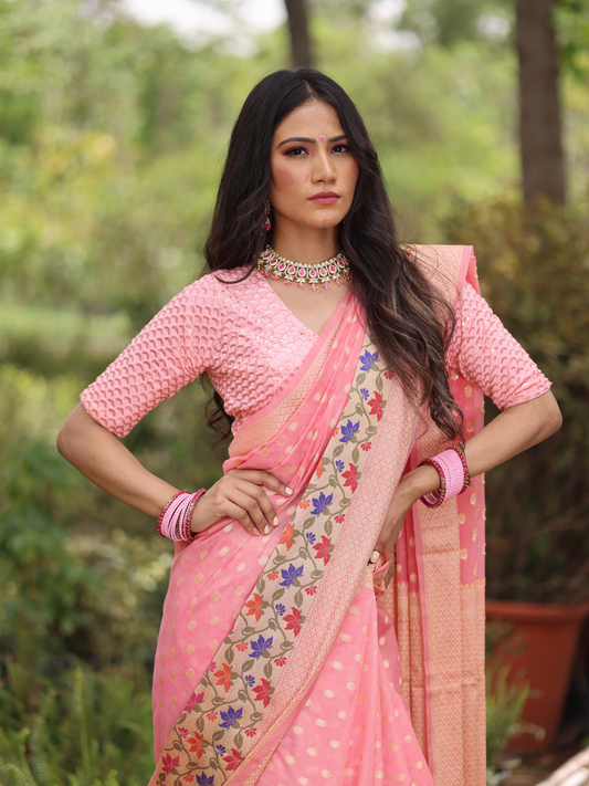 Light Pink Banaras Soft Georgette Silk - AbirabyBeena