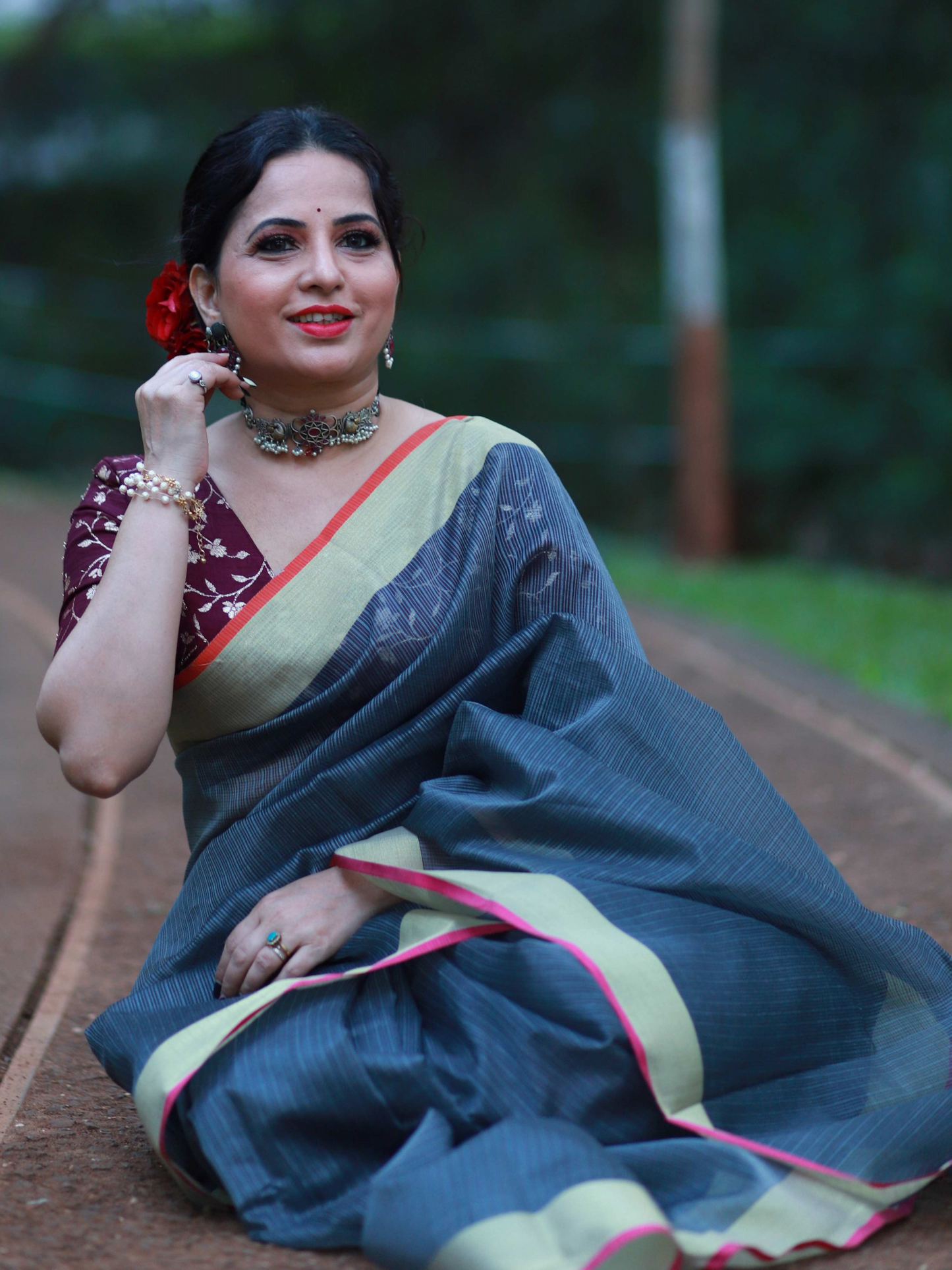 Dark Grey plain Banaras Kota Silk - AbirabyBeena