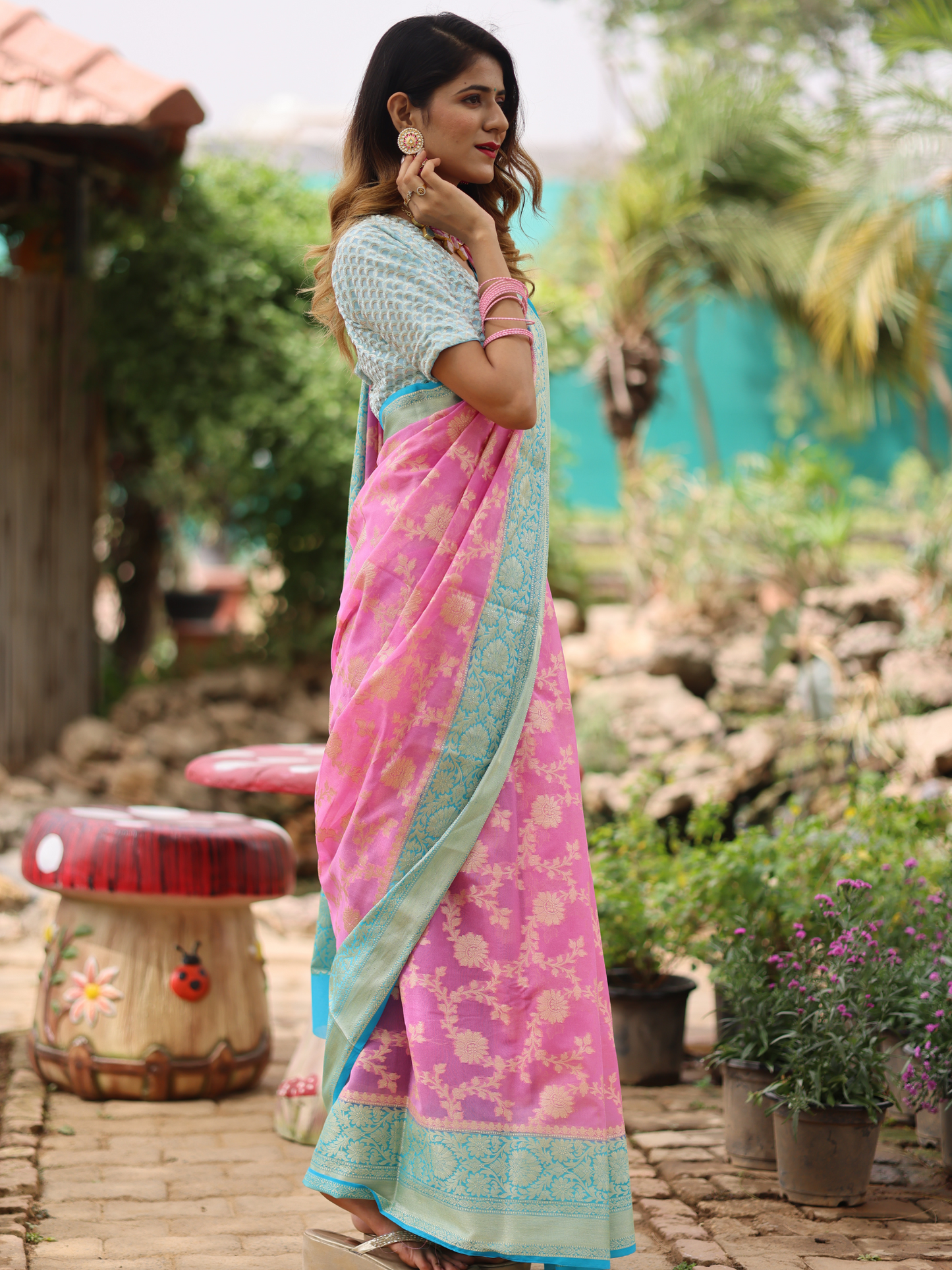 Pink Banaras Soft Georgette  Silk Jaal - AbirabyBeena