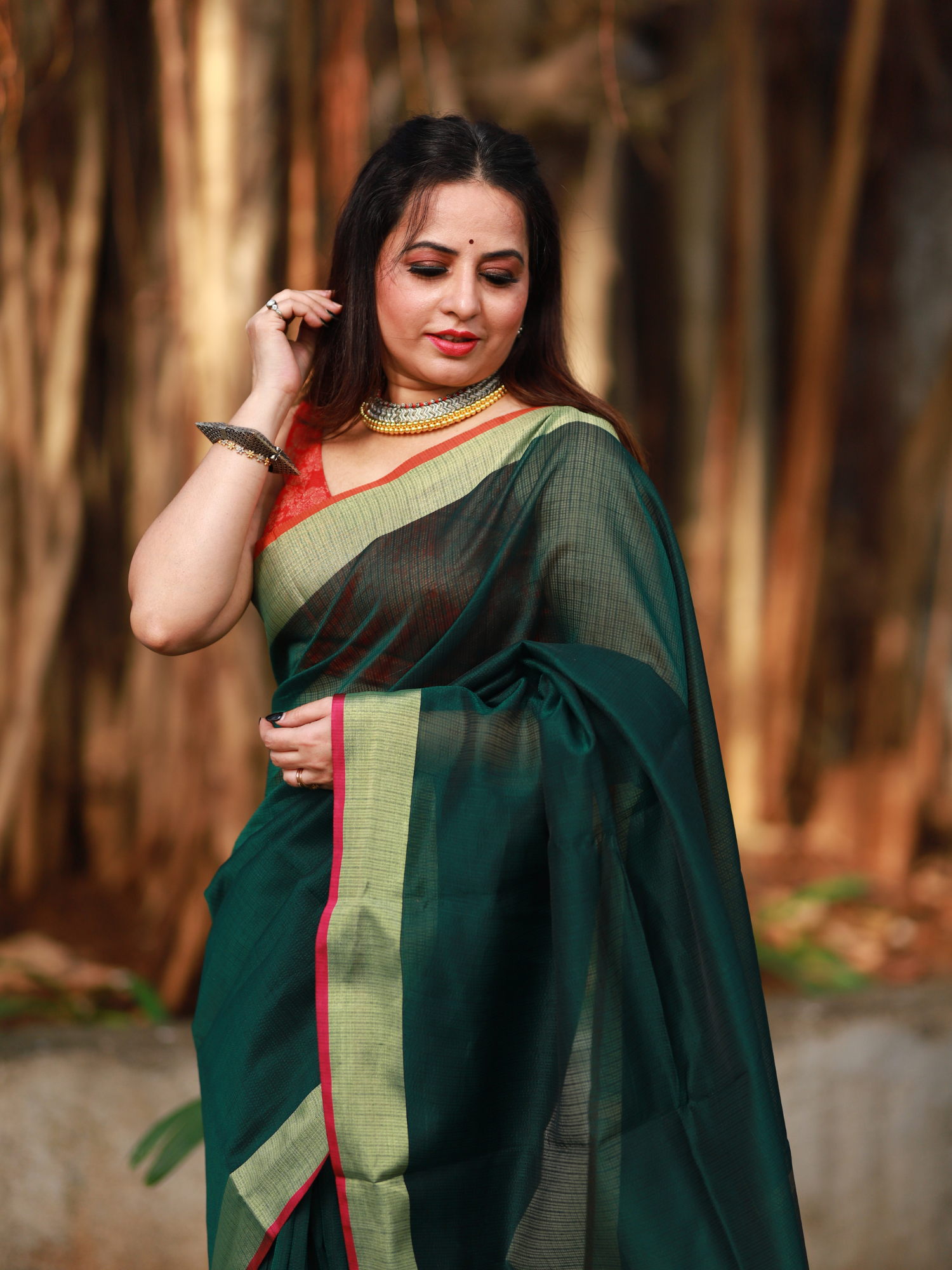 Bottle green plain Banaras Kota Silk - AbirabyBeena