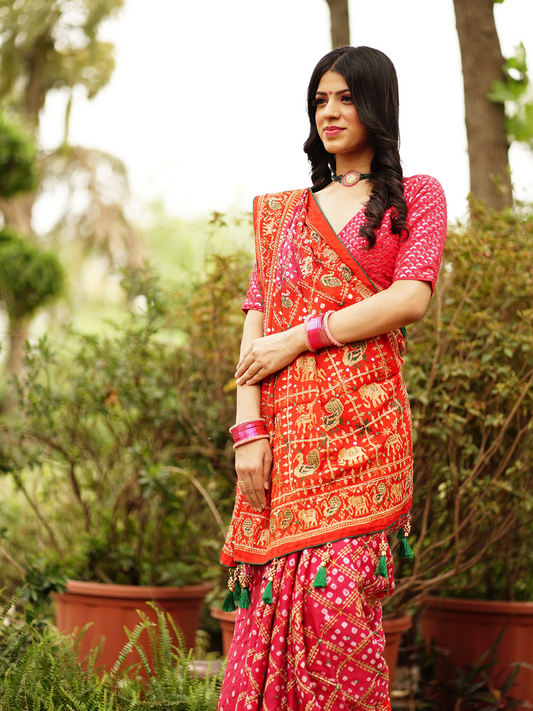 Pink-Orange Dana Bandhani with beautiful hand work - AbirabyBeena