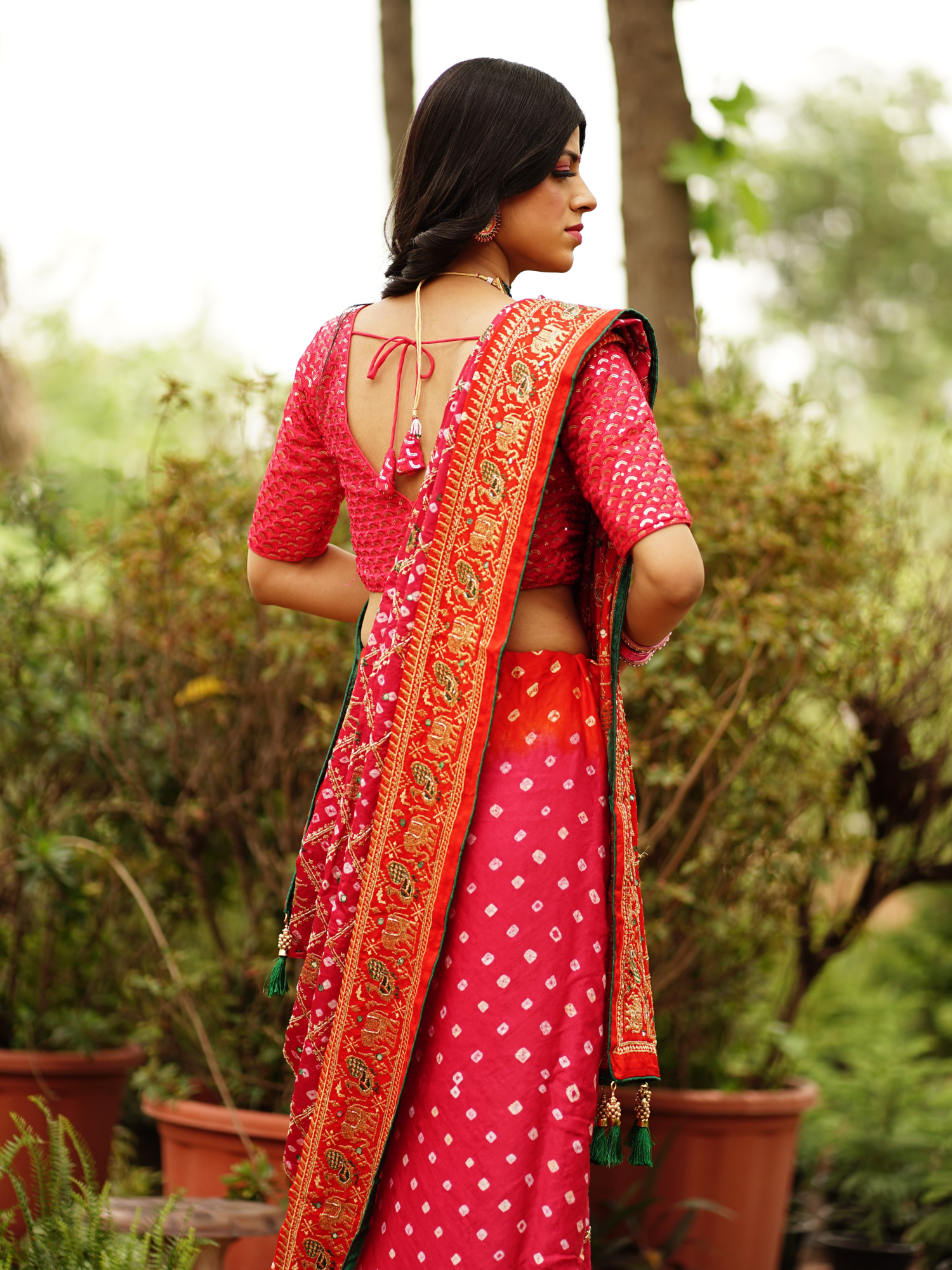 Pink-Orange Dana Bandhani with beautiful hand work - AbirabyBeena
