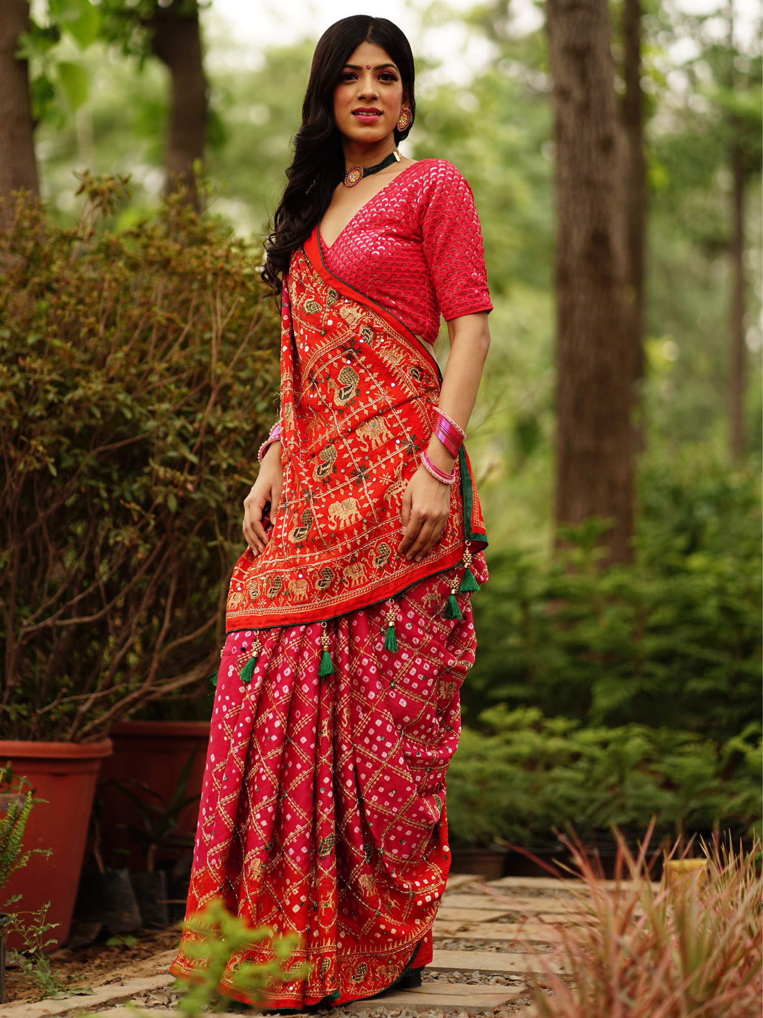 Pink-Orange Dana Bandhani with beautiful hand work - AbirabyBeena