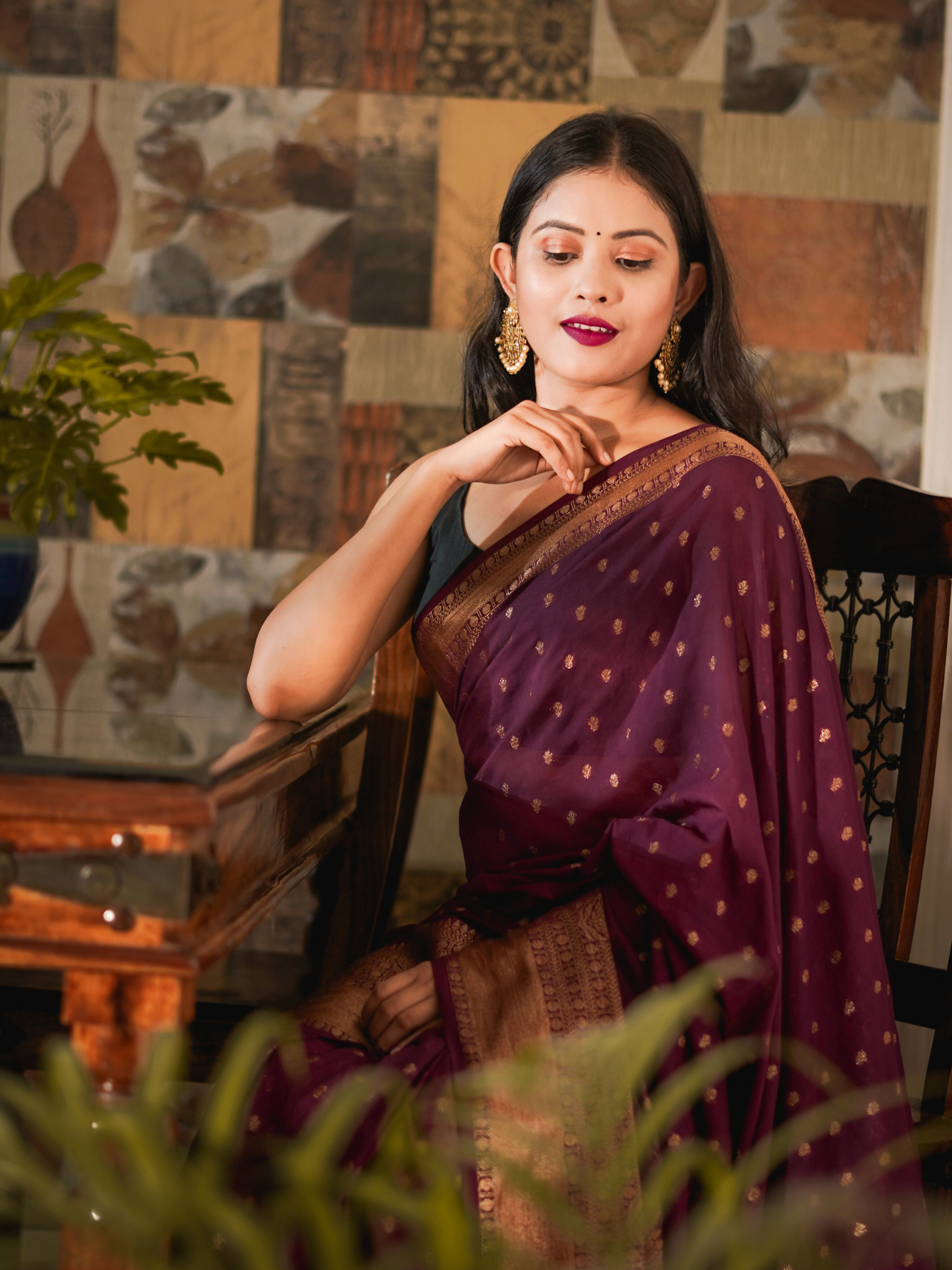 Magenta/Wine Banaras Soft Georgette silk - AbirabyBeena
