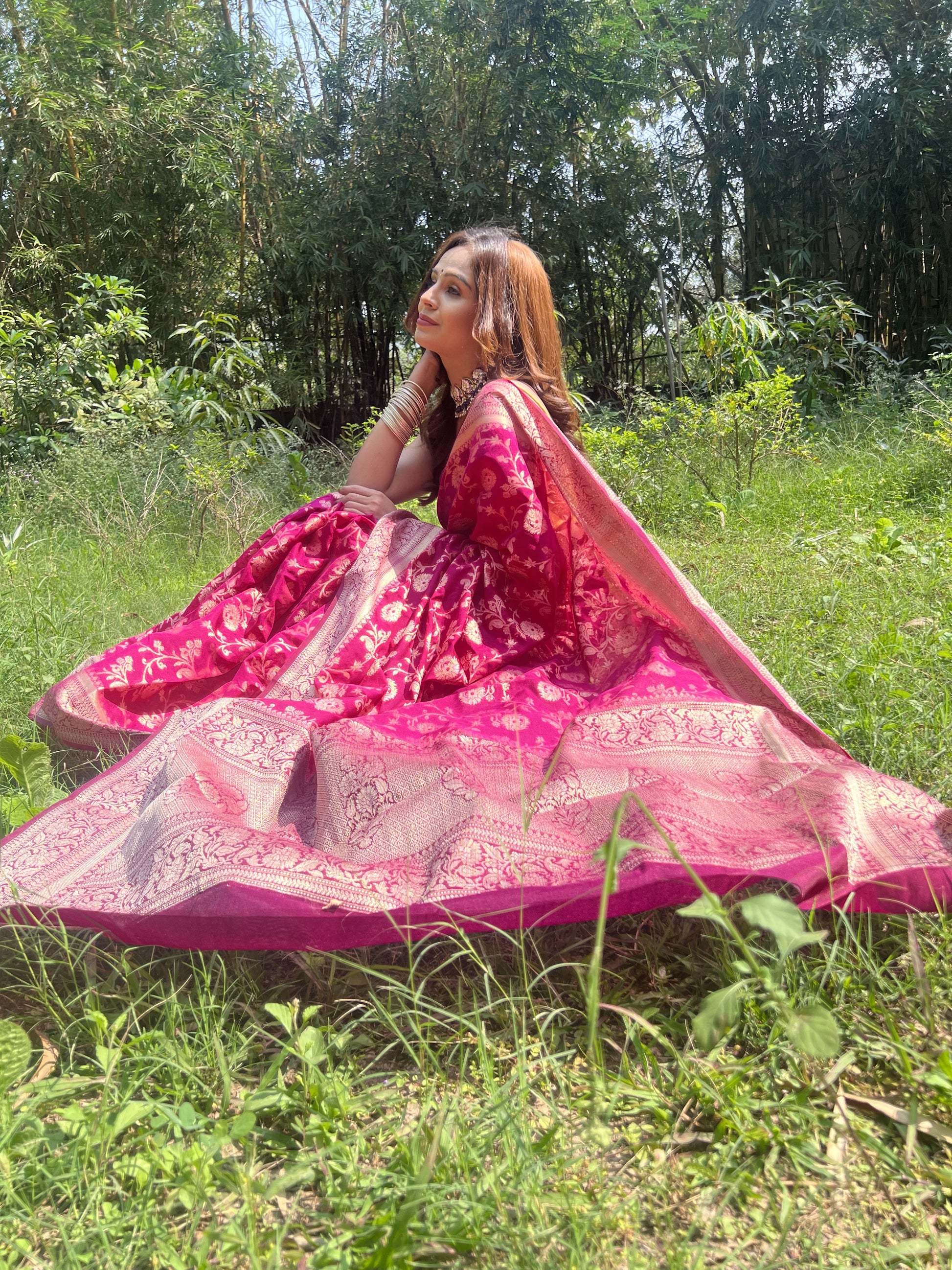 Pink Banaras Soft Georgette Jaal silk - AbirabyBeena