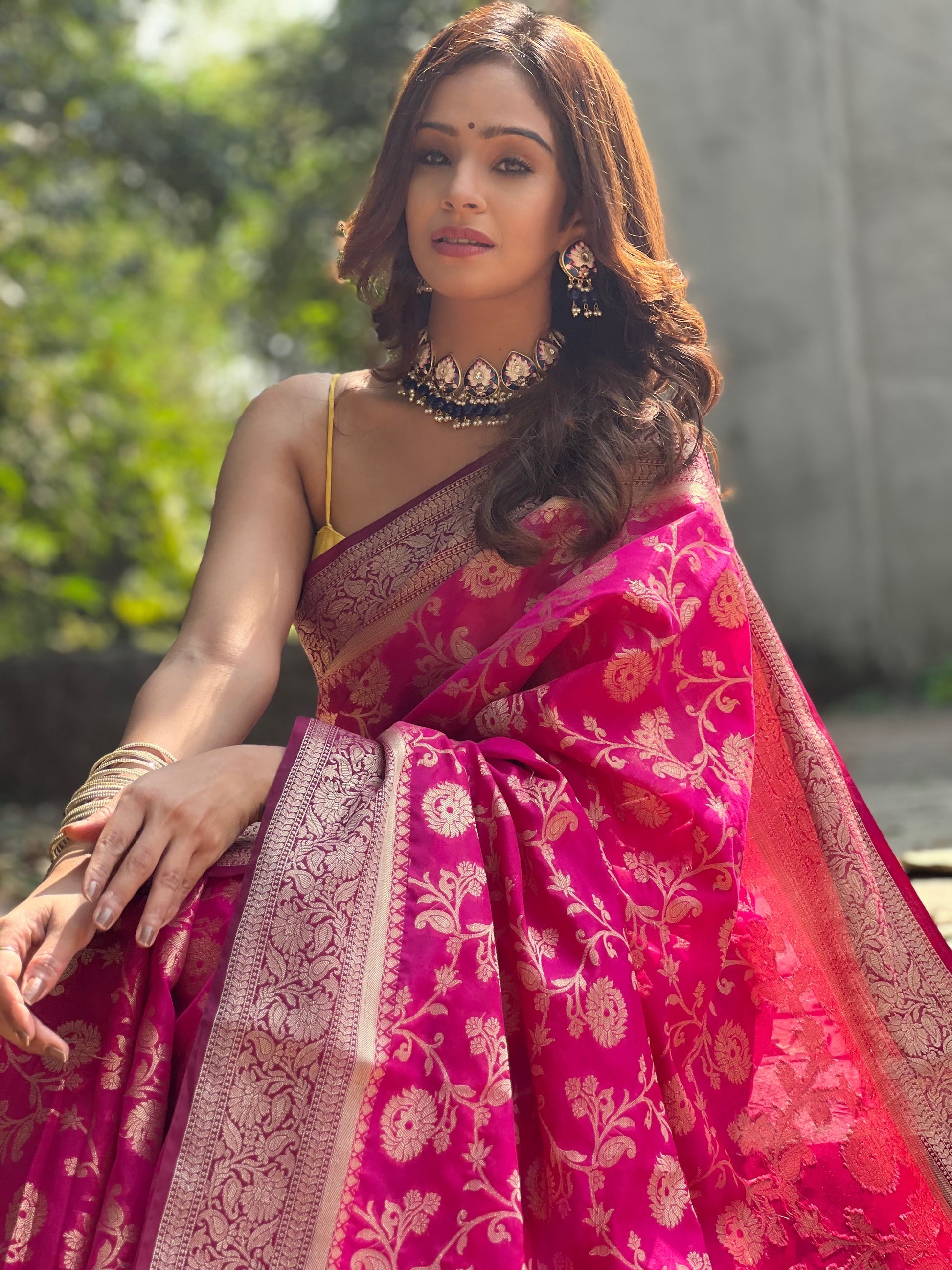 Pink Banaras Soft Georgette Jaal silk - AbirabyBeena