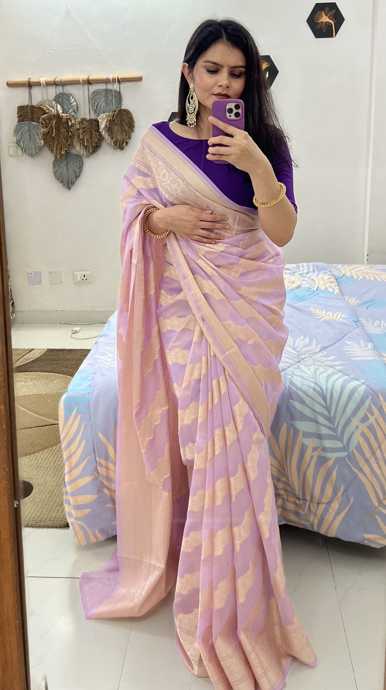 Pastel Lavender Banaras Soft Georgette silk - AbirabyBeena