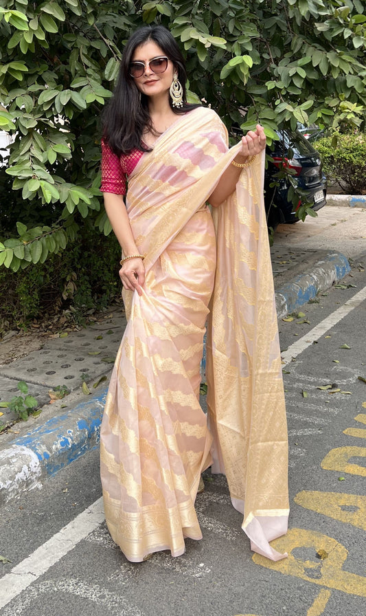 Pastel peach Banaras Soft Georgette silk - AbirabyBeena