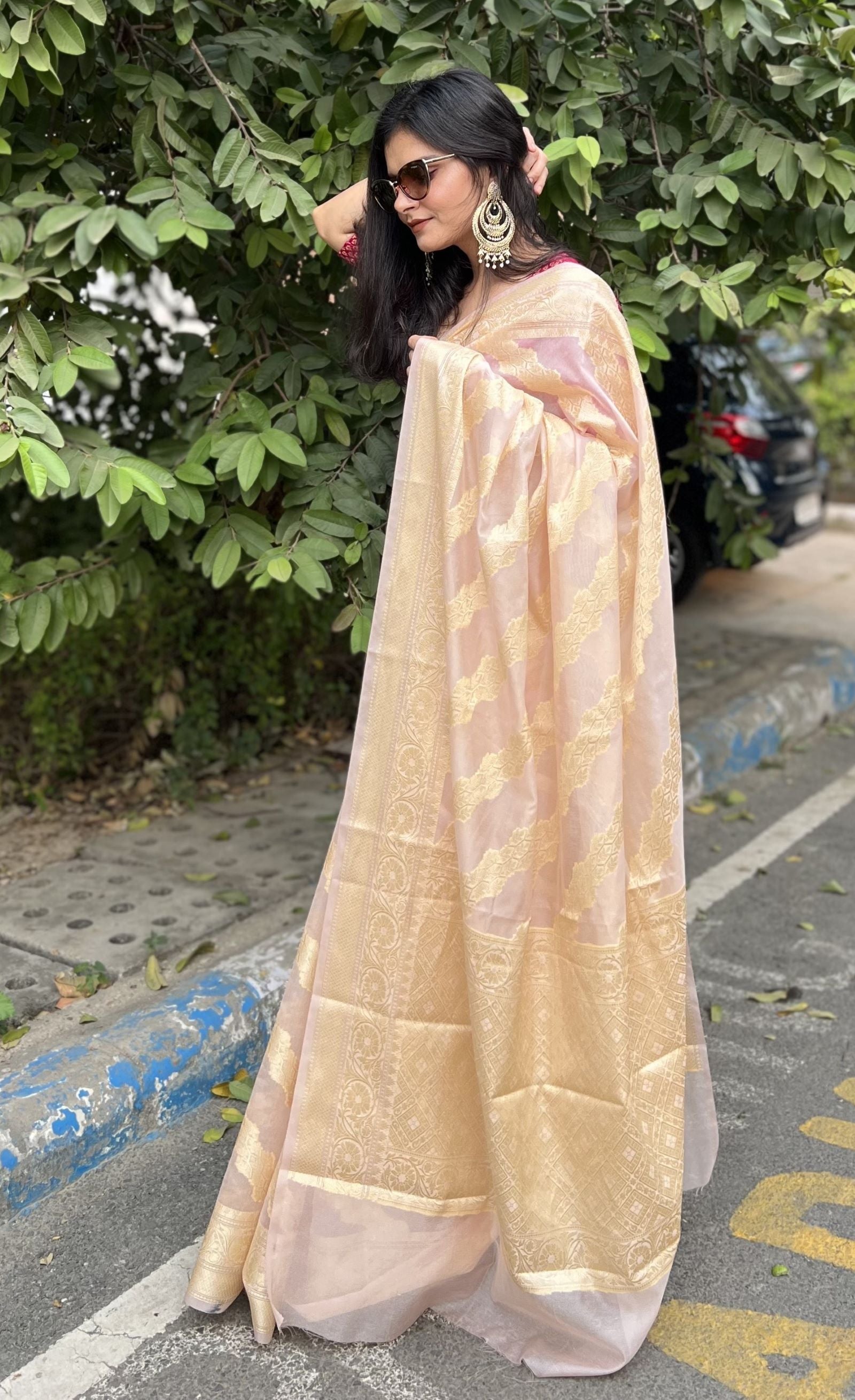 Pastel peach Banaras Soft Georgette silk - AbirabyBeena